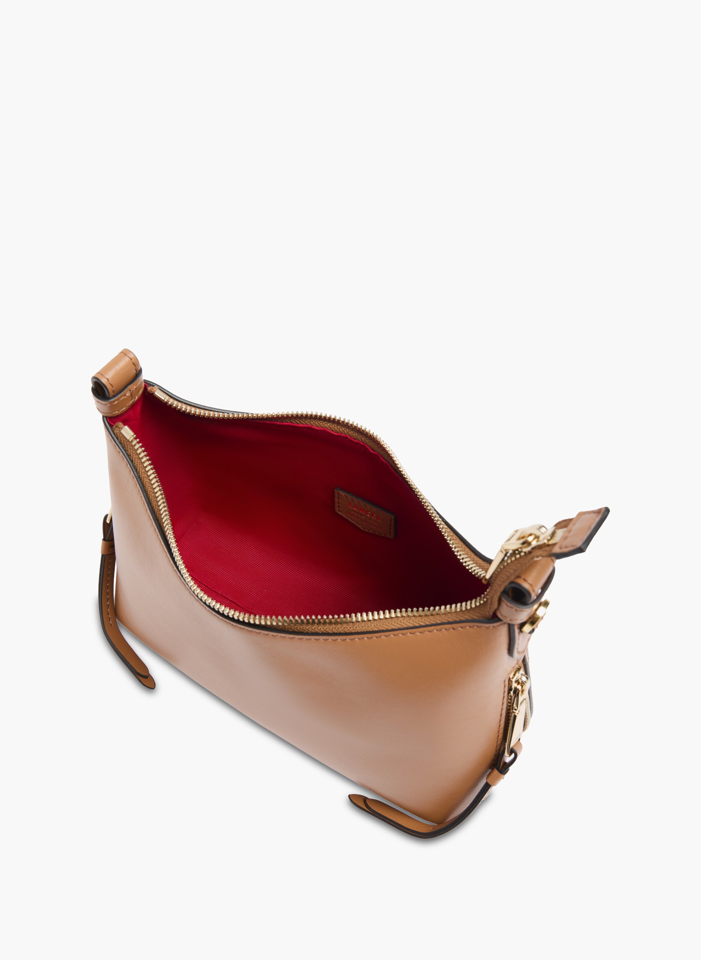 Lancel origami zip baby hobo bag, en cuir souple de veau camel lisse. LANCEL Marron