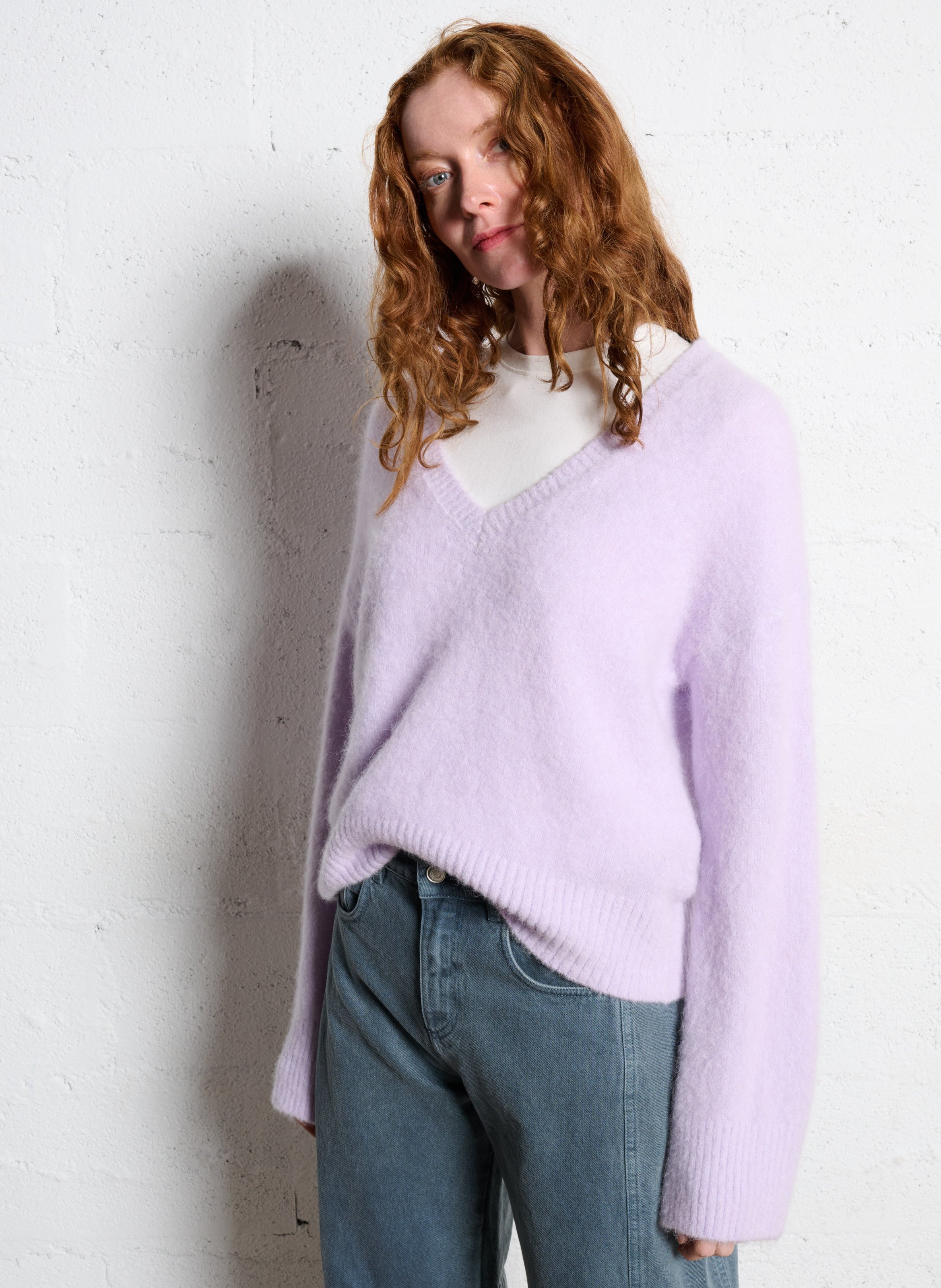 Pull droit col v en alpaga mélangé IKKS Violet