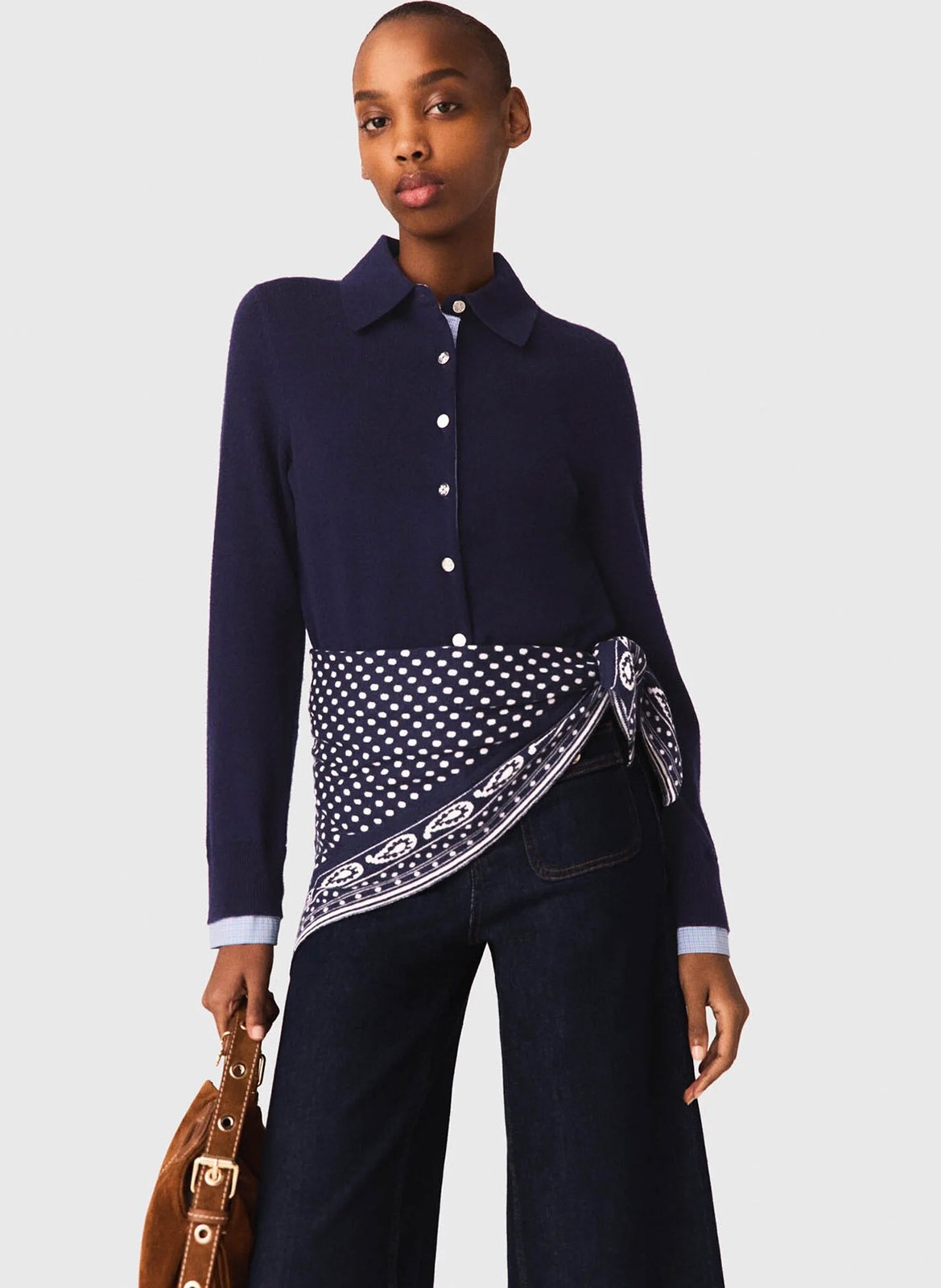 Cardigan droit col classique en laine et cachemire MAJE Bleu