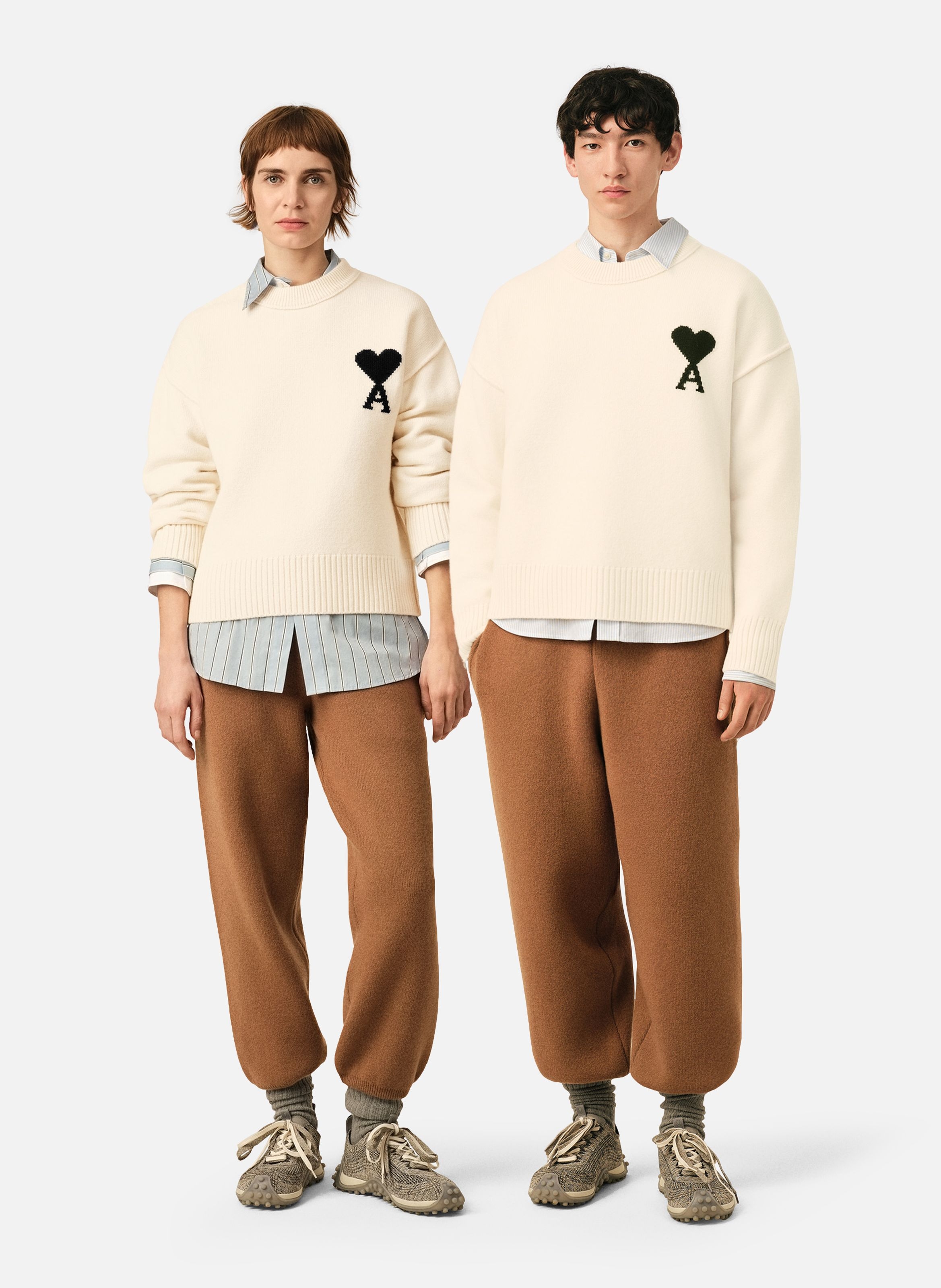 Pull col rond ami de coeur en laine unisexe AMI PARIS Blanc