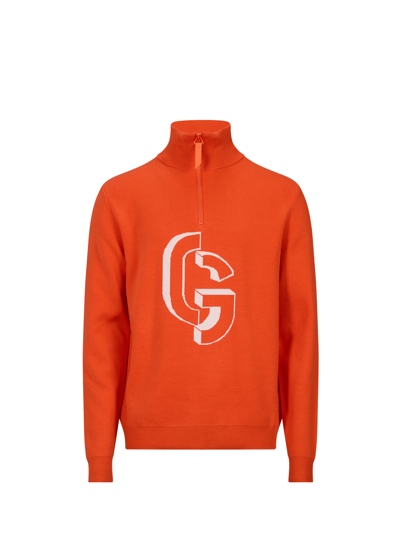 Straight-cut sweater with high collar and zippered pattern.  Deep orange