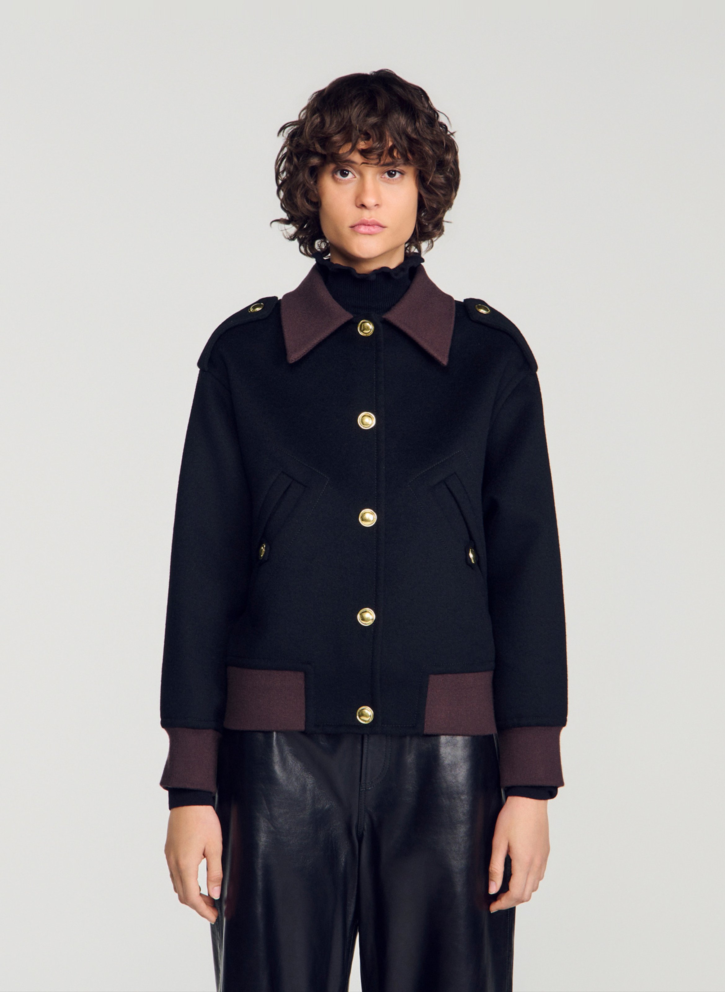 Manteau court col classique en laine SANDRO Noir