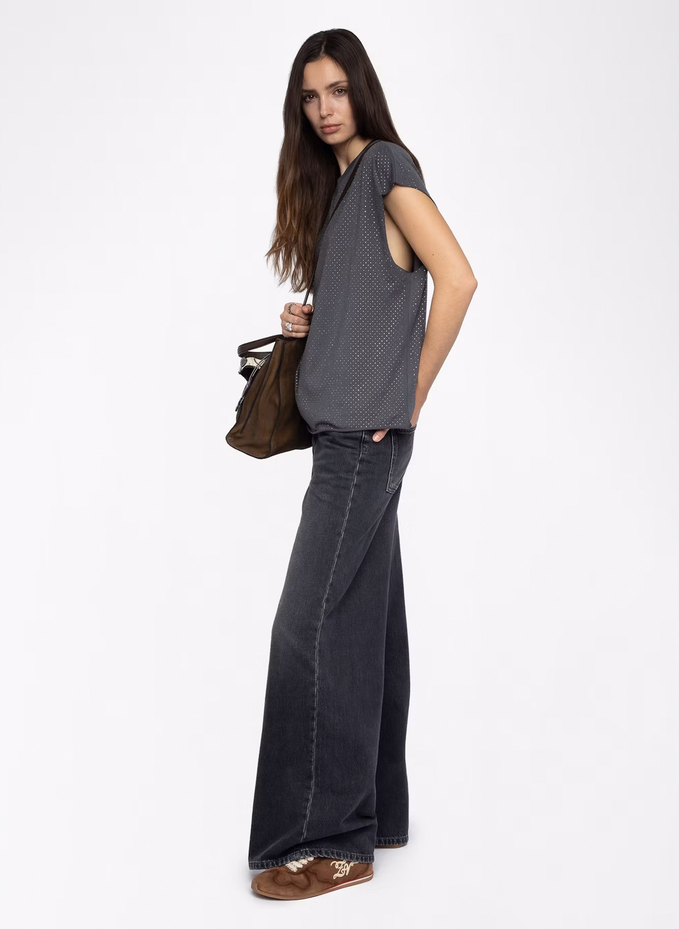 Tee-shirt droit col rond à strass cloe ZADIG&VOLTAIRE Gris