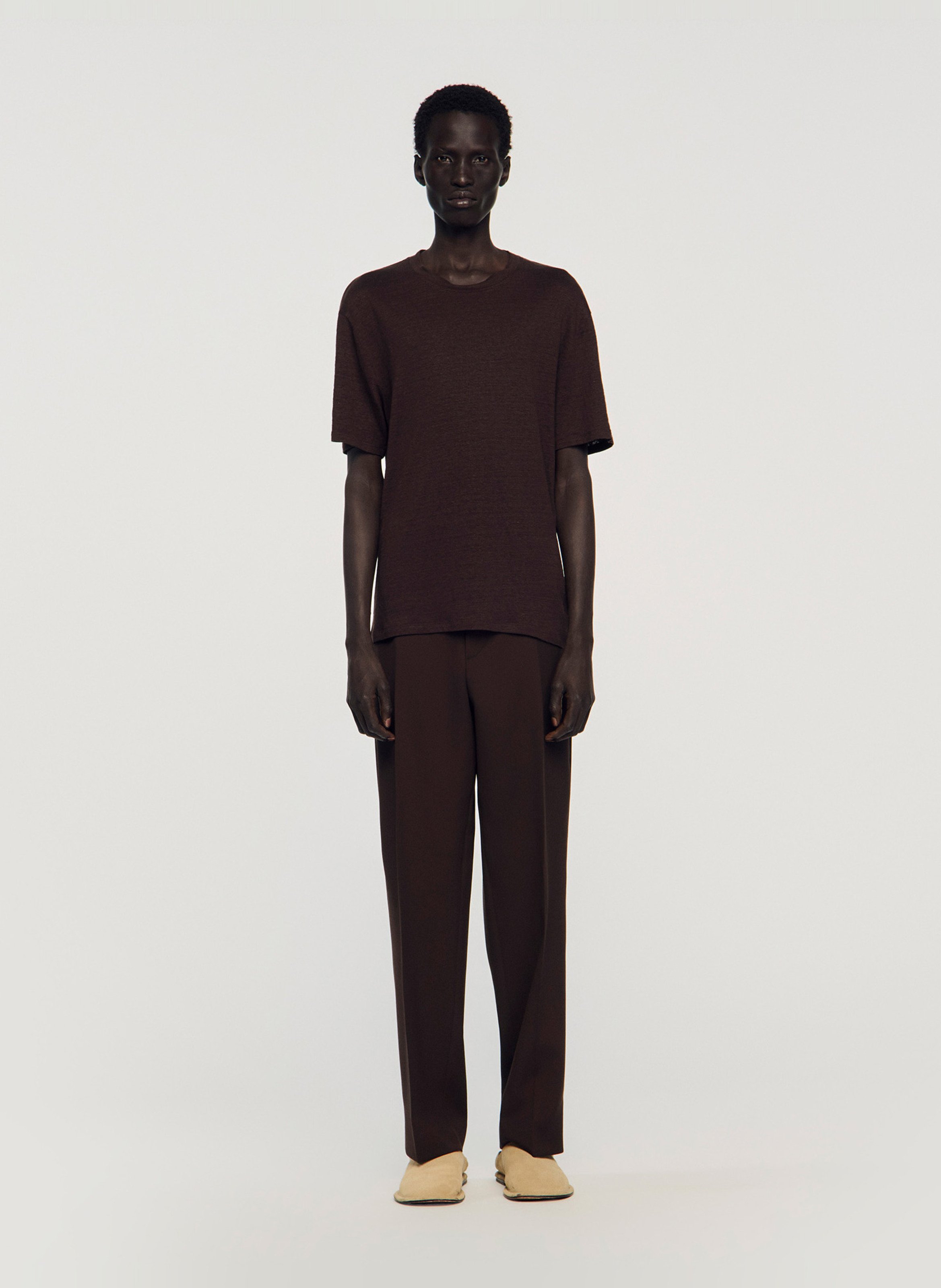 Tee-shirt col rond regular-fit en lin SANDRO Marron