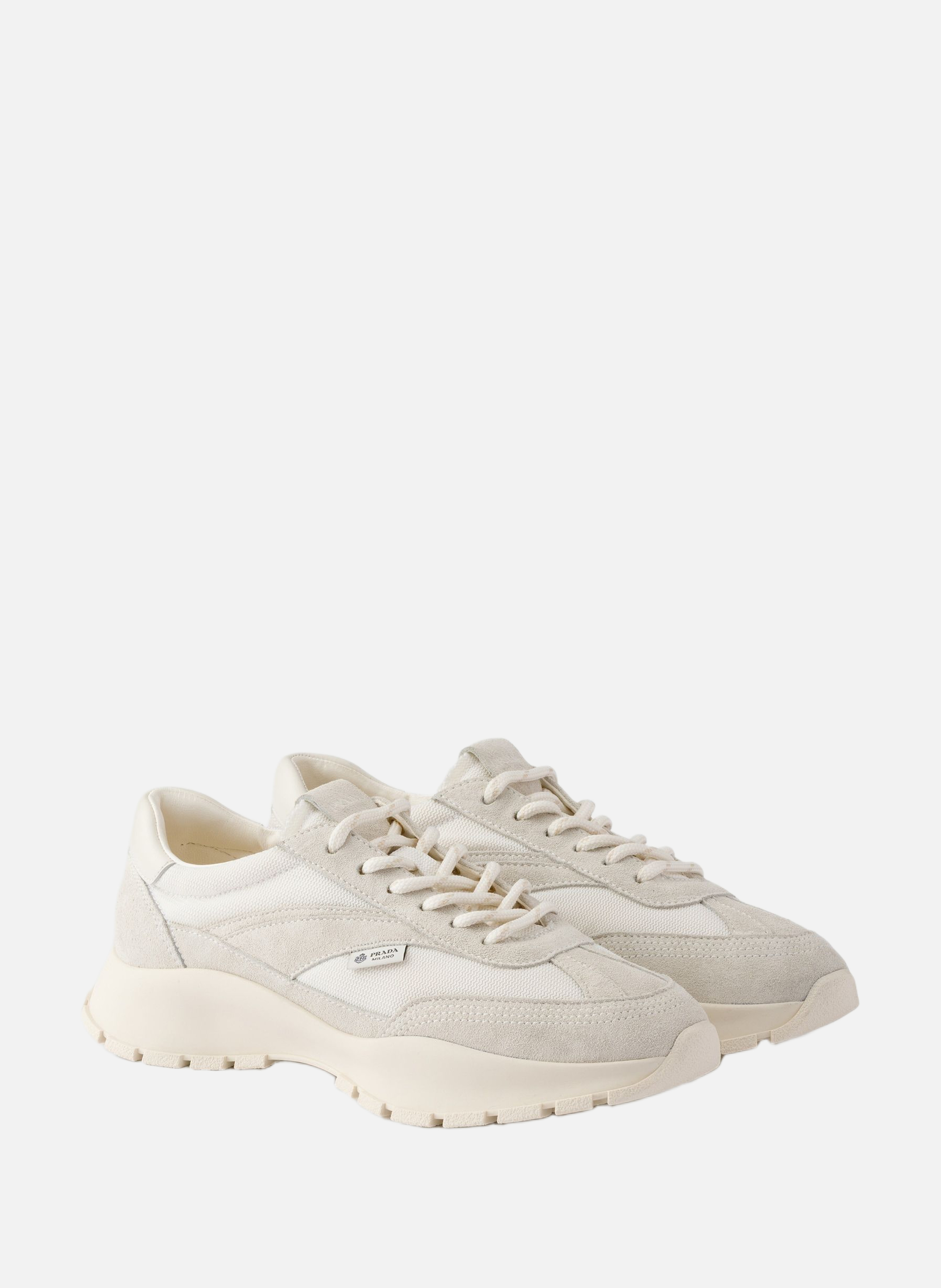 Baskets en mesh et en suède PRADA Blanc
