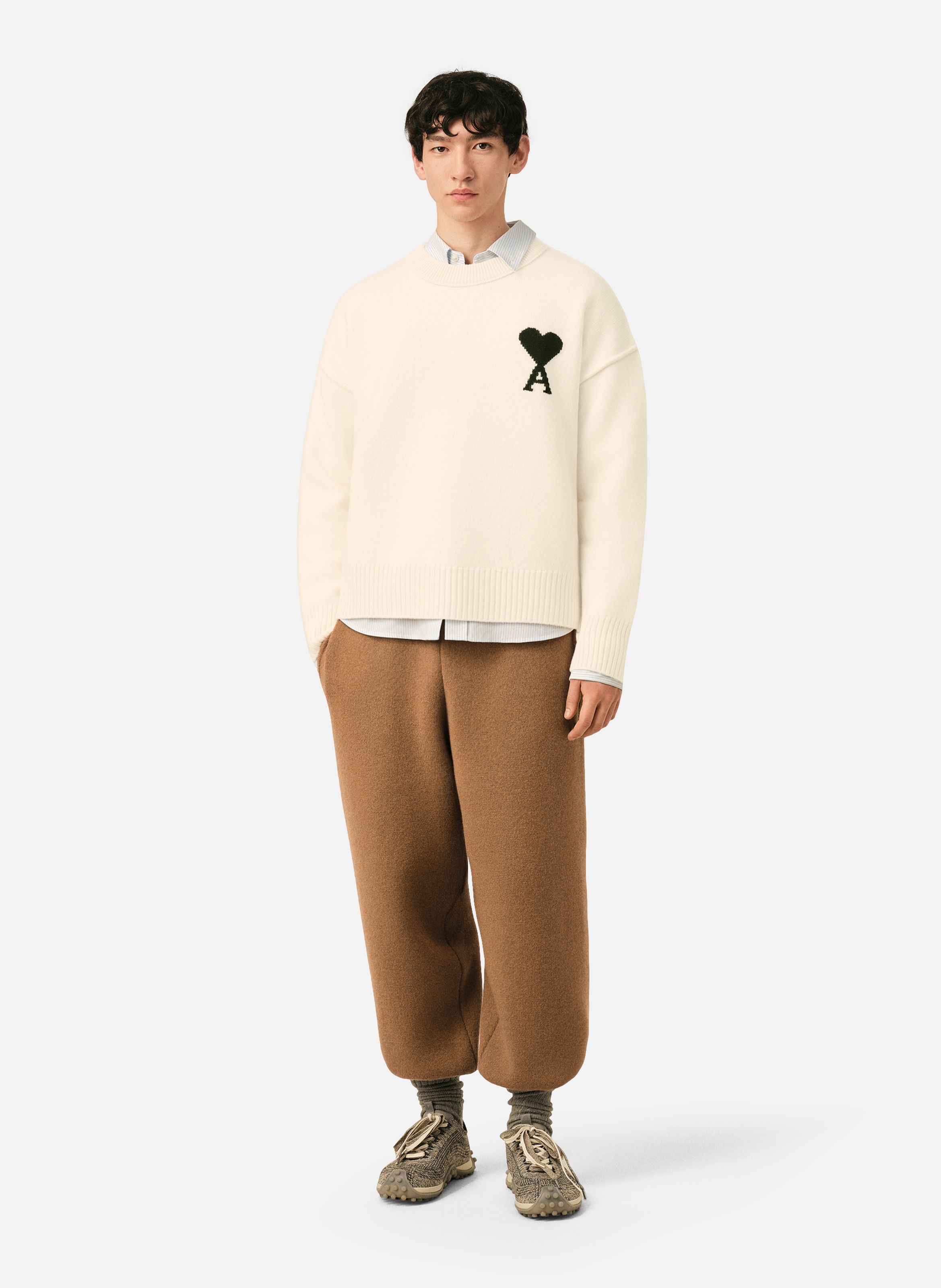 Pull col rond ami de coeur en laine unisexe AMI PARIS Blanc