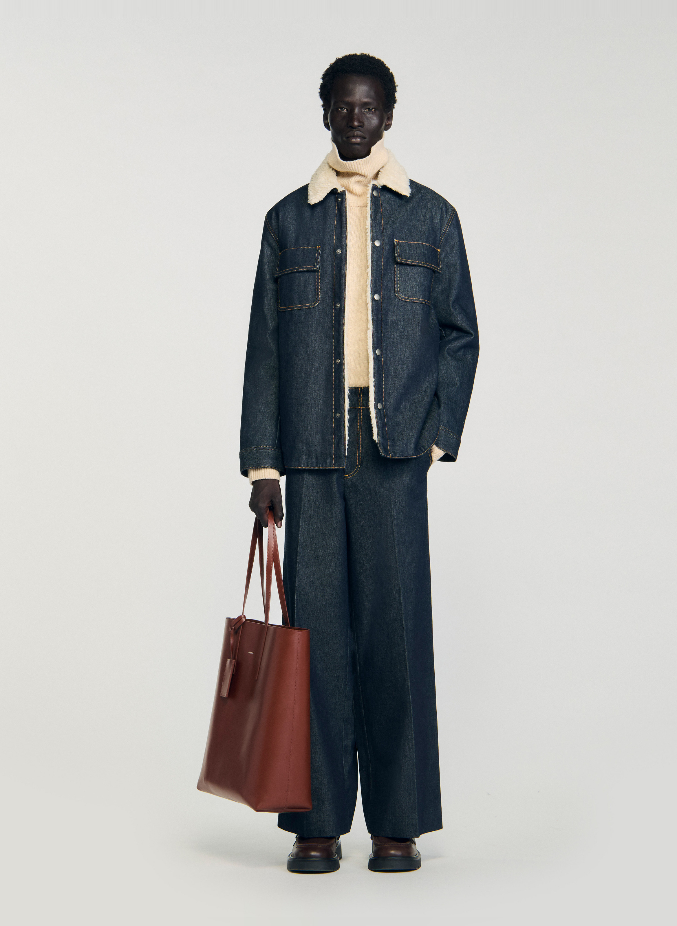 Blouson droit fourré en denim brut SANDRO Bleu