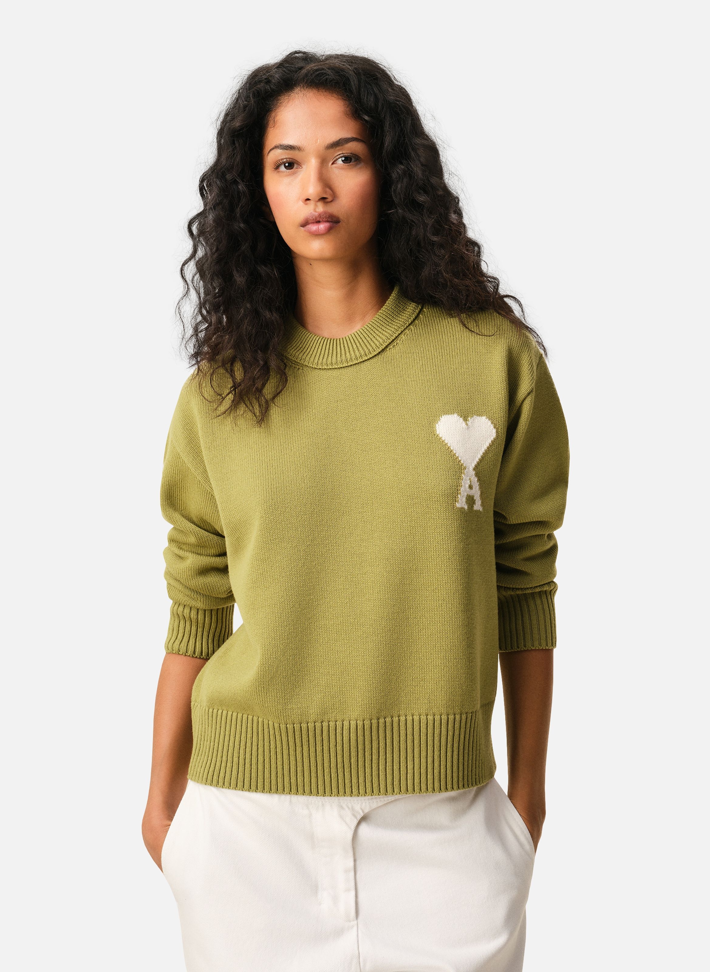 Pull col rond ami de coeur unisexe en laine et coton AMI PARIS Vert