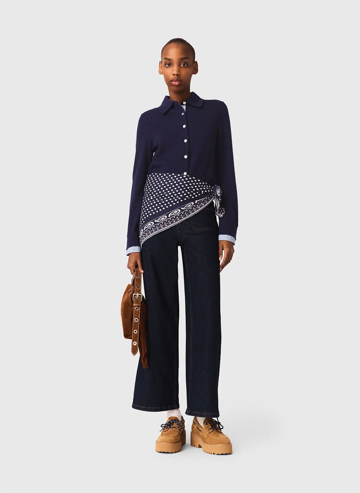 Cardigan droit col classique en laine et cachemire MAJE Bleu