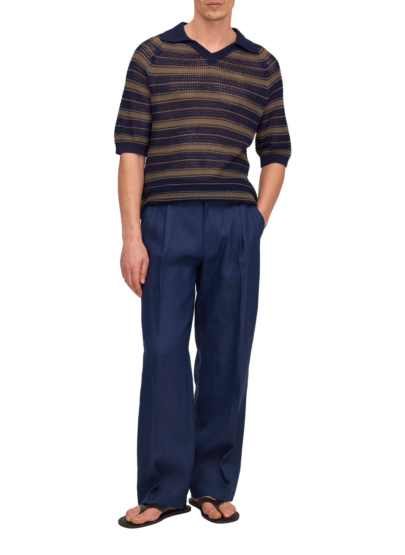 Striped polo in openwork knit of cotton and linen NN.07 Black