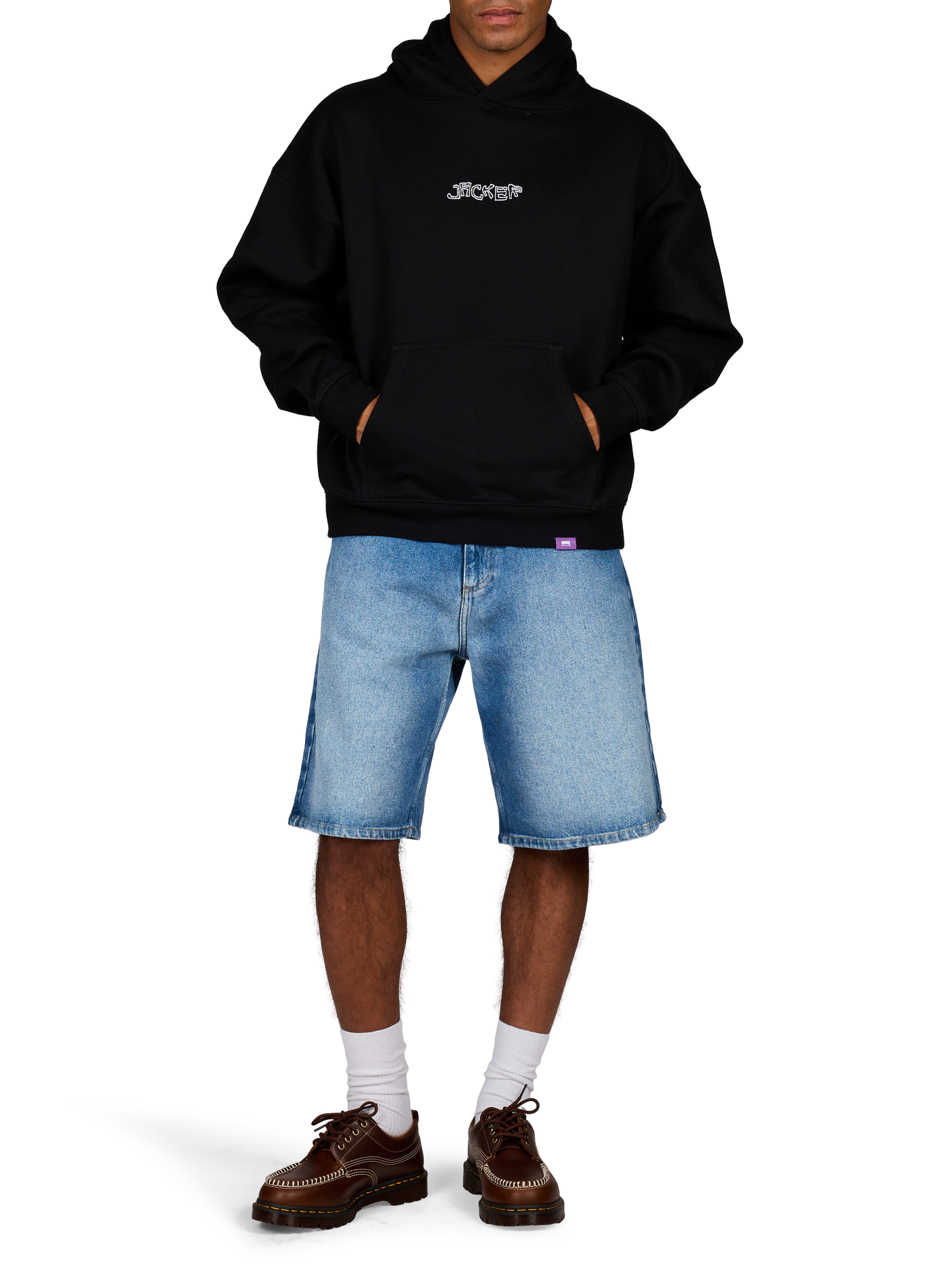 Weit geschnittener, bestickter Baumwoll-Kapuzenpullover JACKER. Schwarz