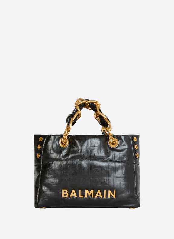 Sac cabas 1945 soft small en cuir de veau craquelé Noir by BALMAIN BALMAIN Sac cabas 1945 soft small en cuir de veau craquelé Noir