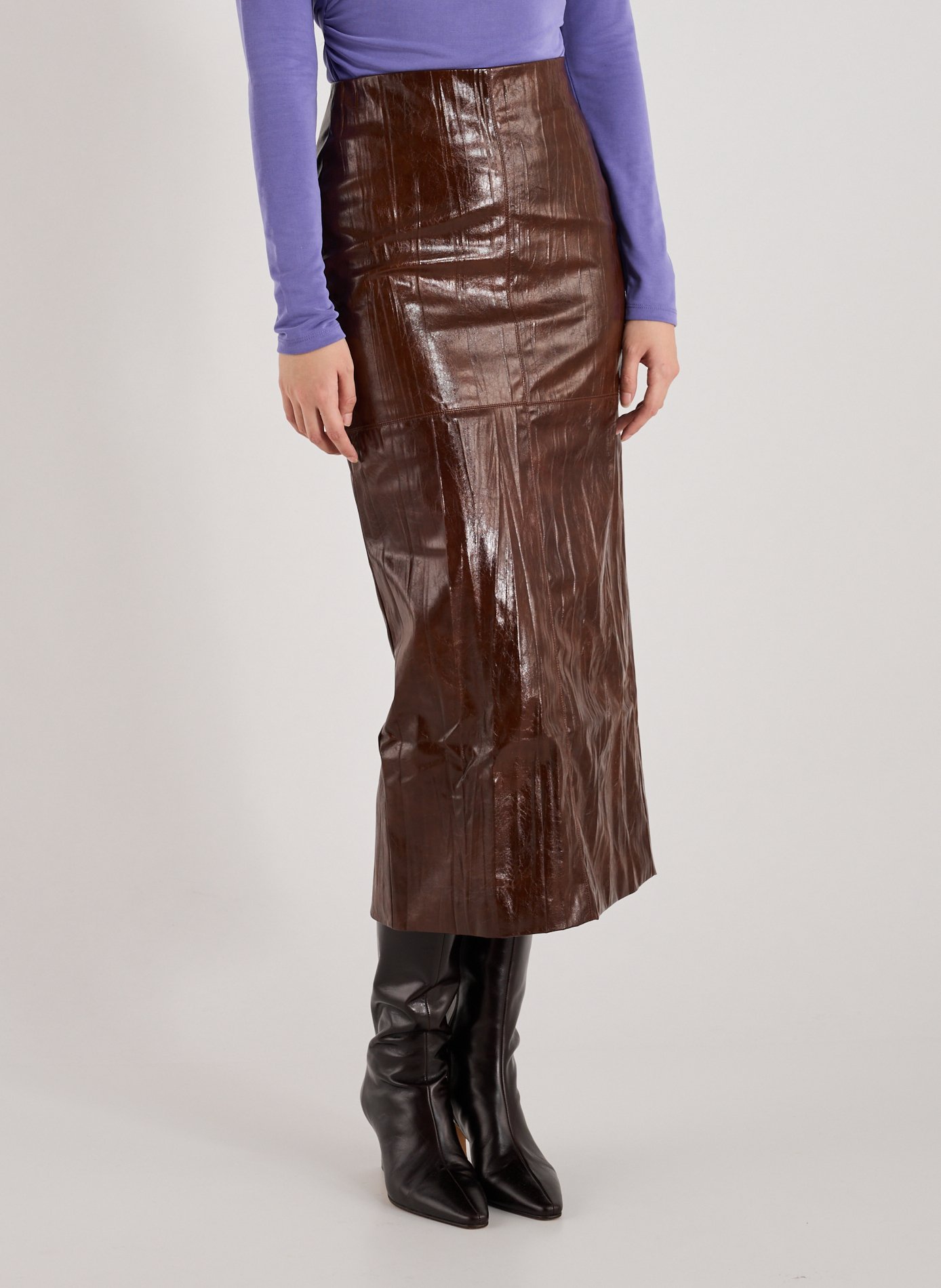 TOPSHOP Jupe mi-longue aspect cuir laqué Marron