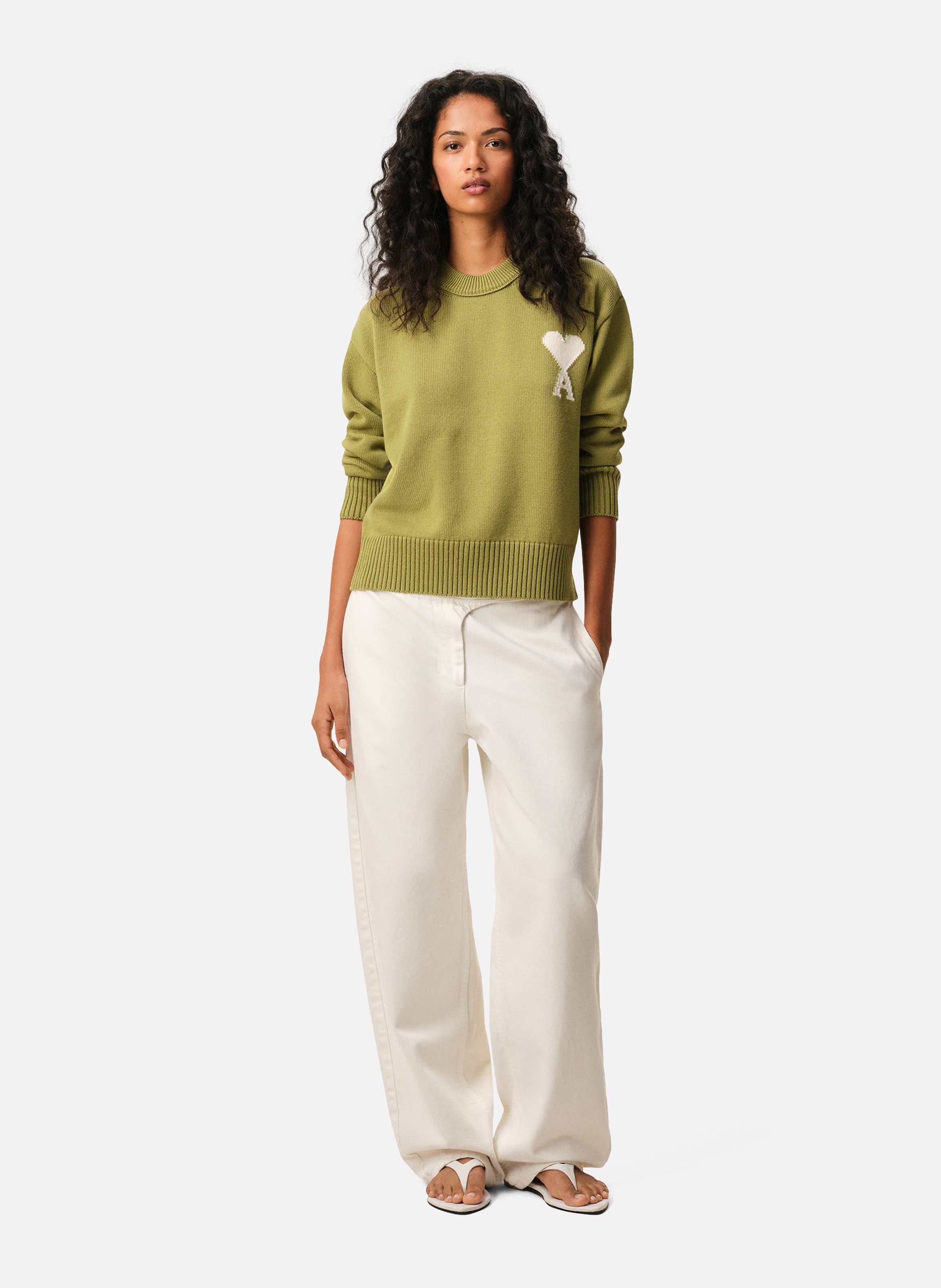Pull col rond ami de coeur unisexe en laine et coton AMI PARIS Vert
