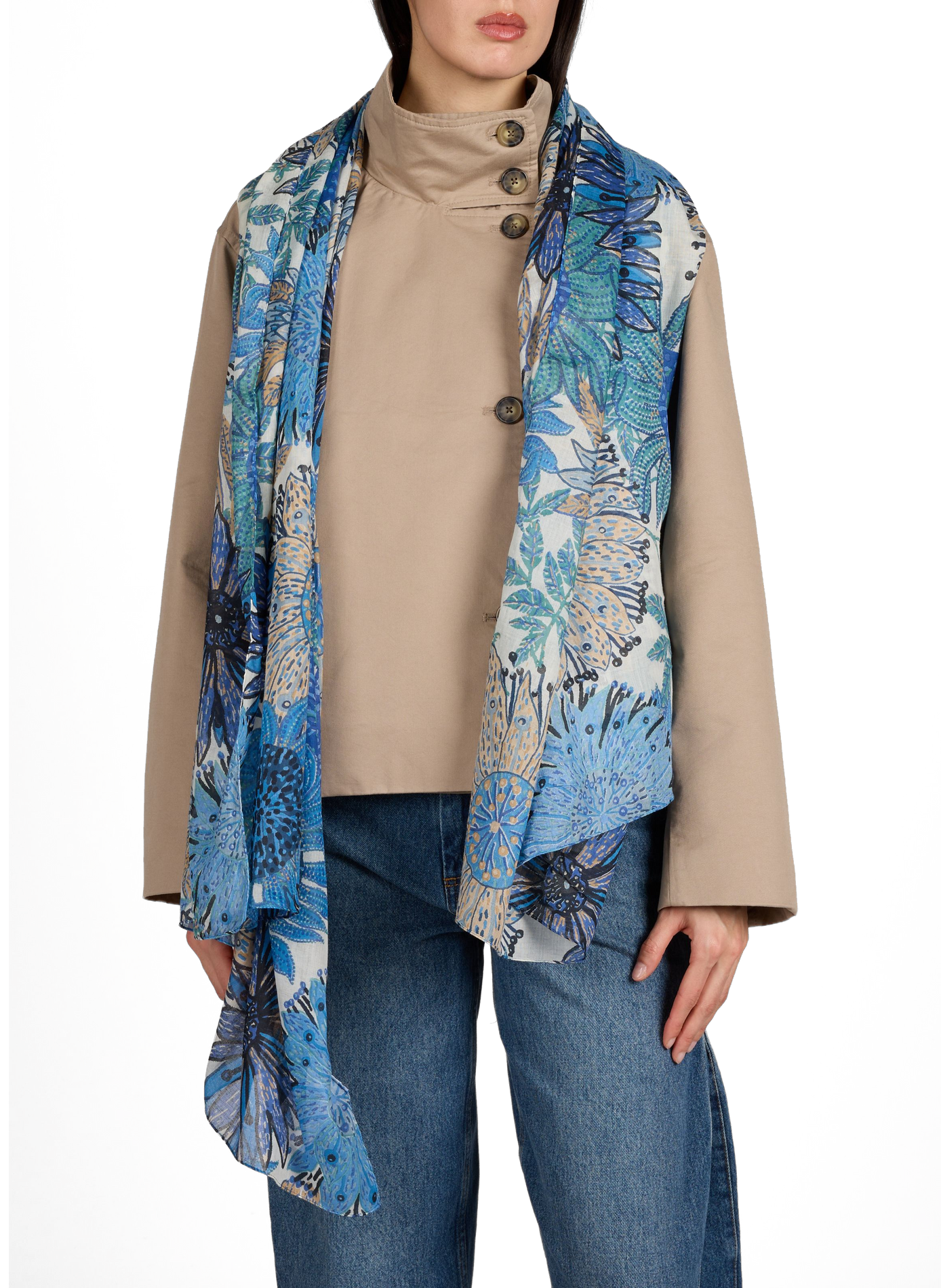 Large Sunflowers Cotton Stole AU PRINTEMPS PARIS Blue