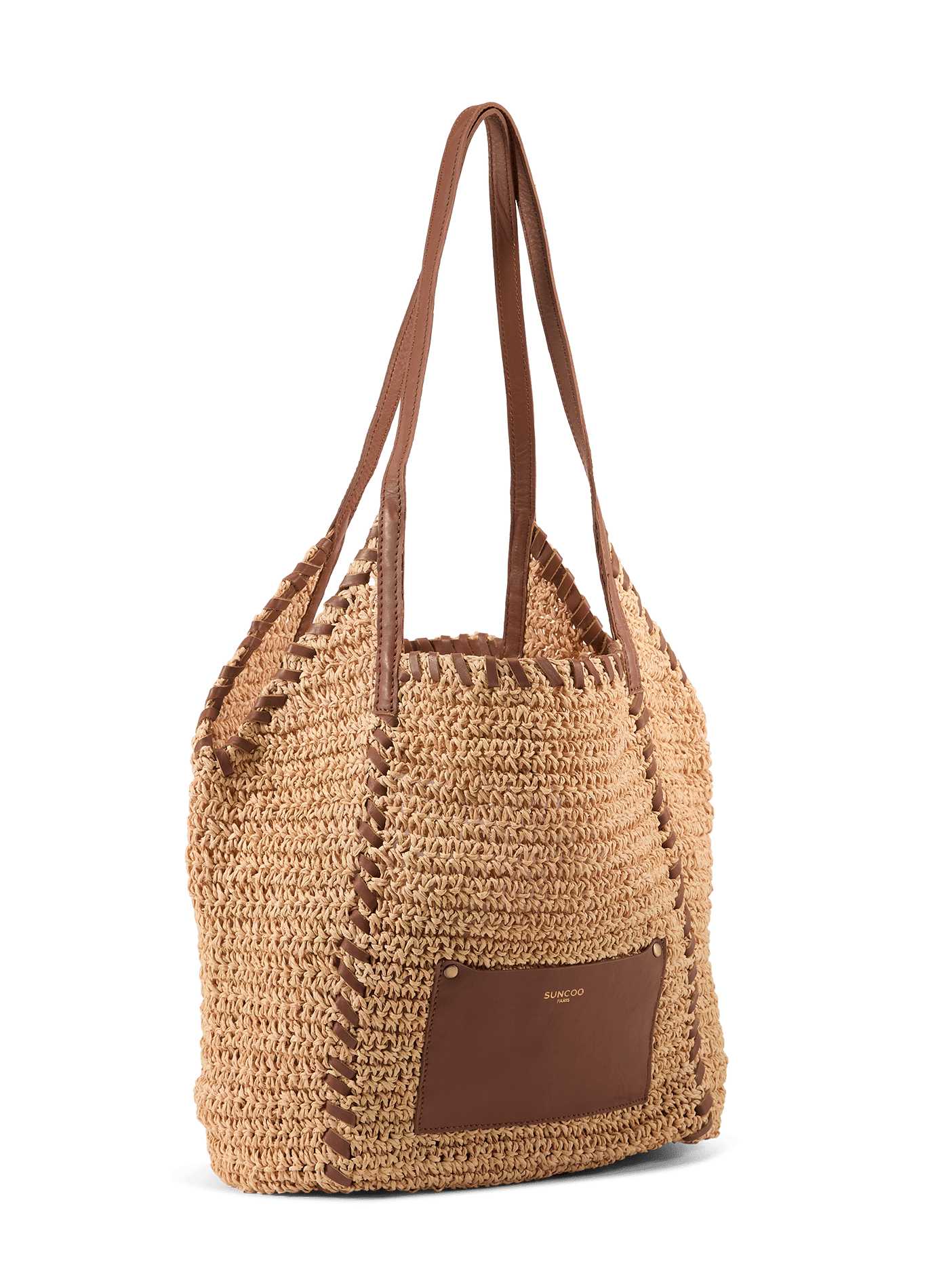 Sac épaule Amesi en raphia et cuir SUNCOO Marron