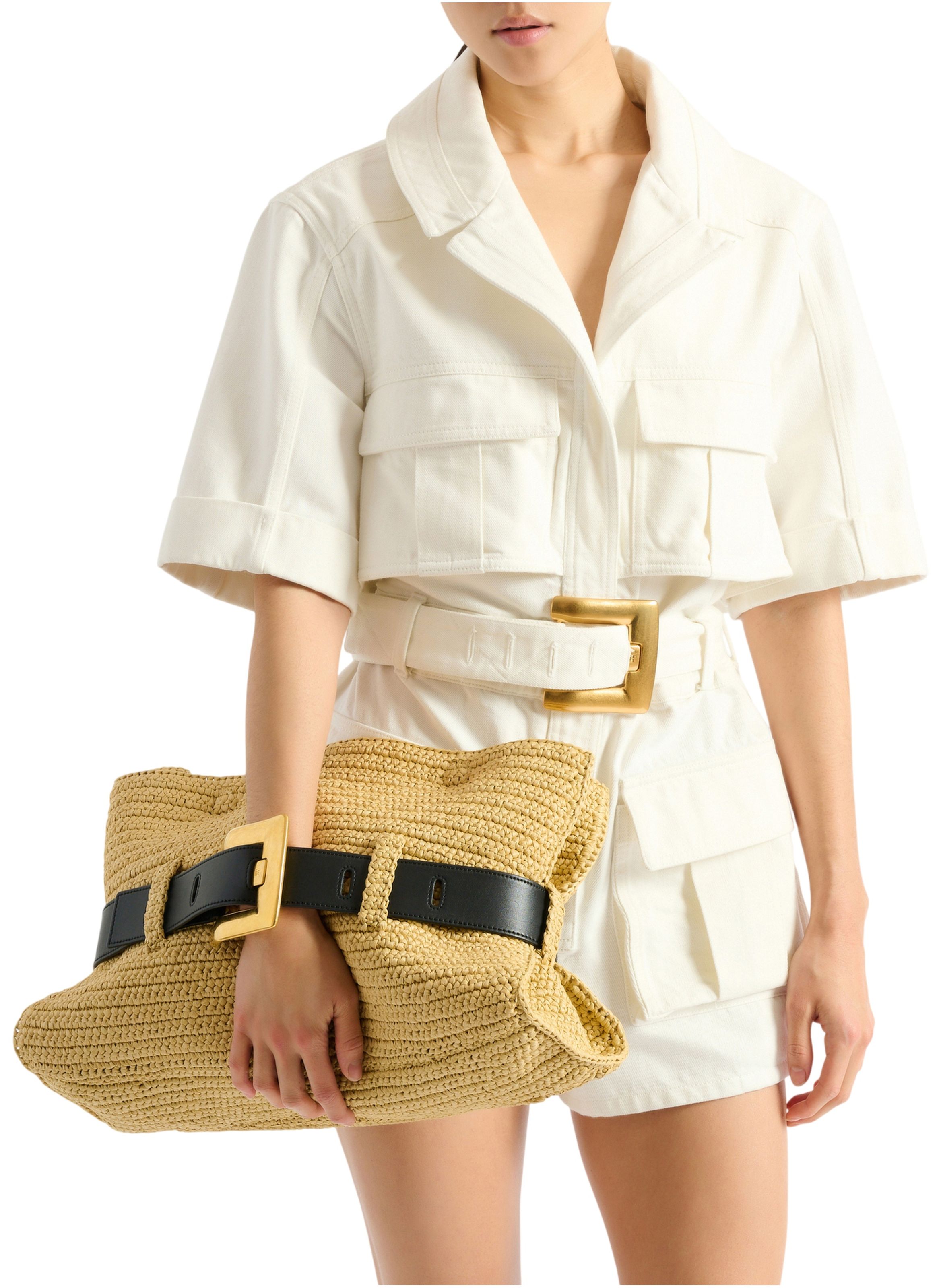 Sac anthem medium en crochet et cuir lisse BALMAIN Beige