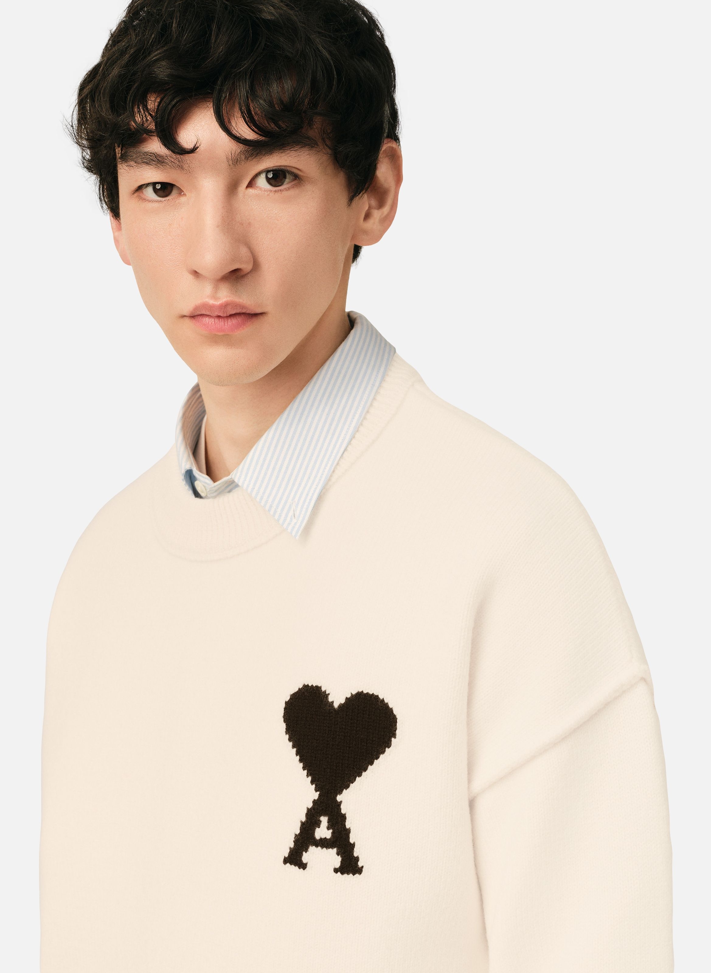Pull col rond ami de coeur en laine unisexe AMI PARIS Blanc