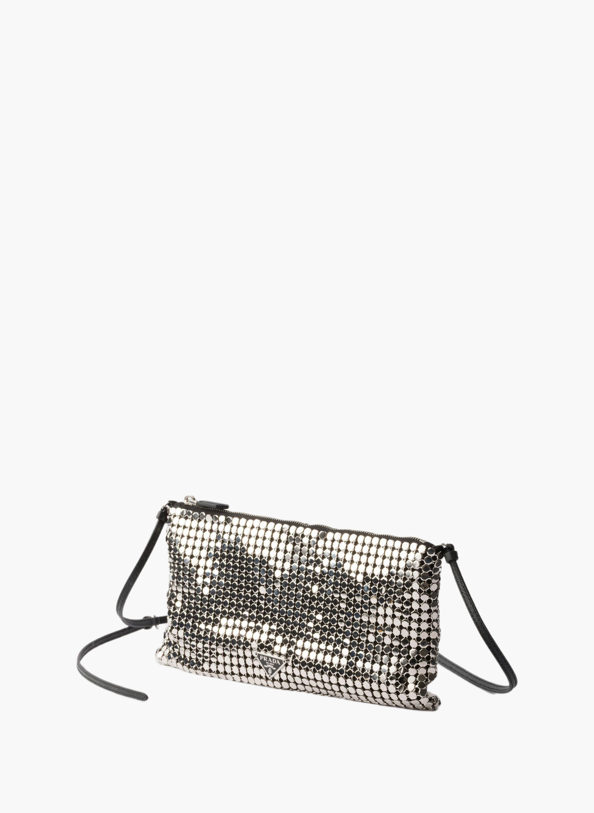 Petit sac à bandoulière en satin et maille métalli PRADA Argent