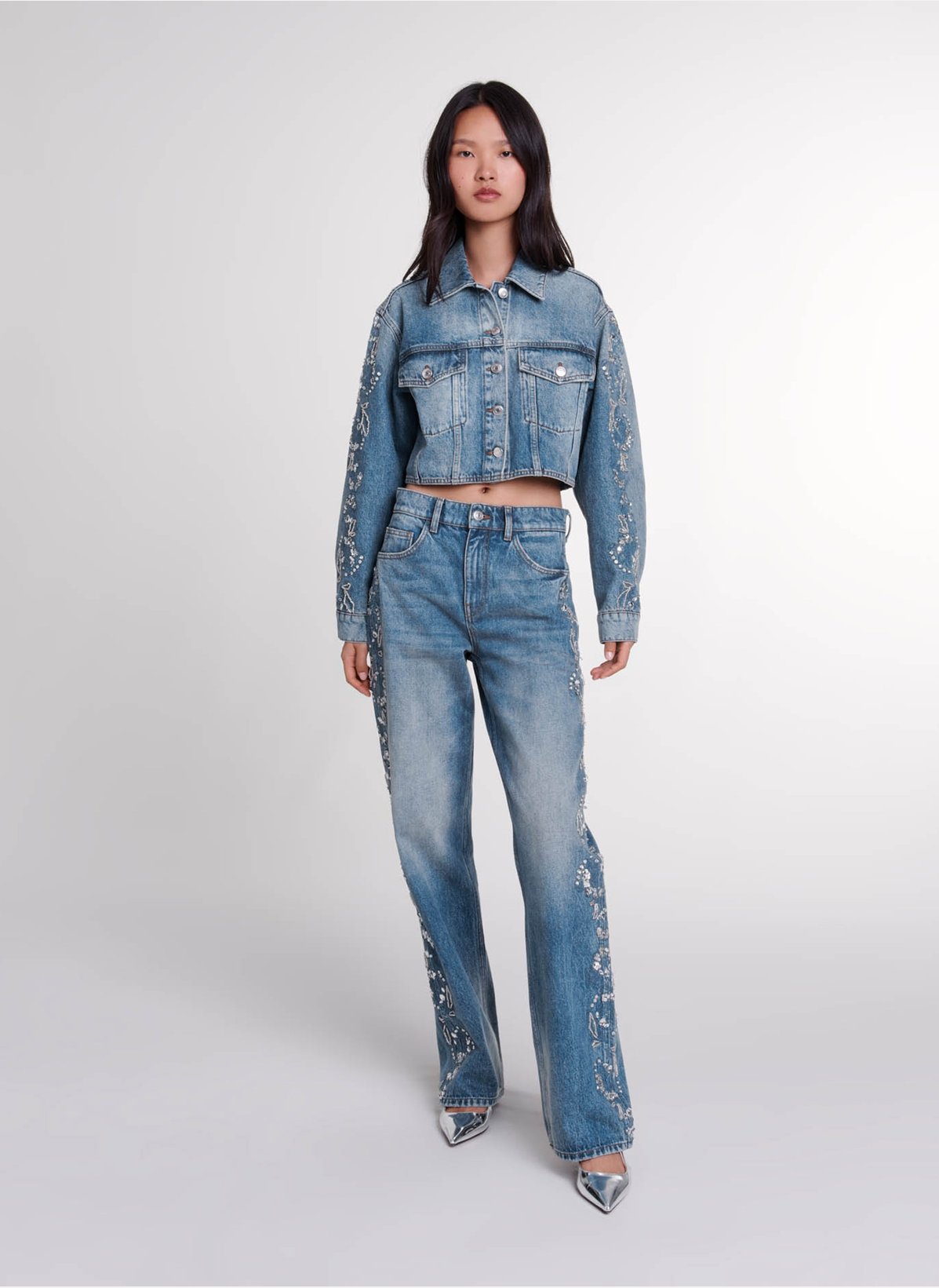 Veste en jean courte pour femme - Veste demi-saison pour femme - Col à revers - Couleur unie - Veste en jean à manches longues - Avec poches et boutons - Veste Veste en jean courte pour femme - Veste demi-saison pour femme - Col à revers - Couleur unie - Veste en jean à manches longues - Avec poches et boutons - Veste