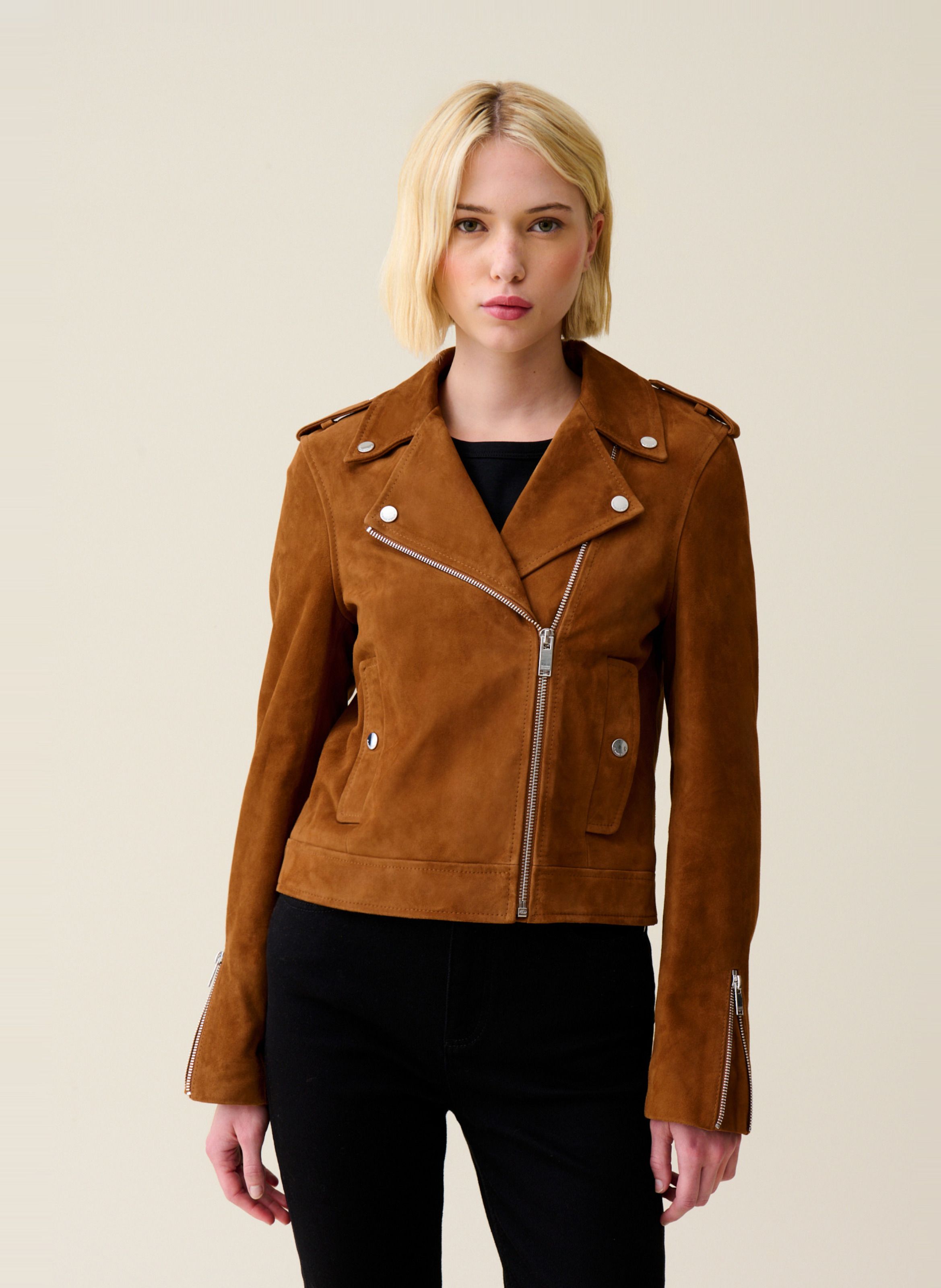 Veste courte en cuir velours  Camel