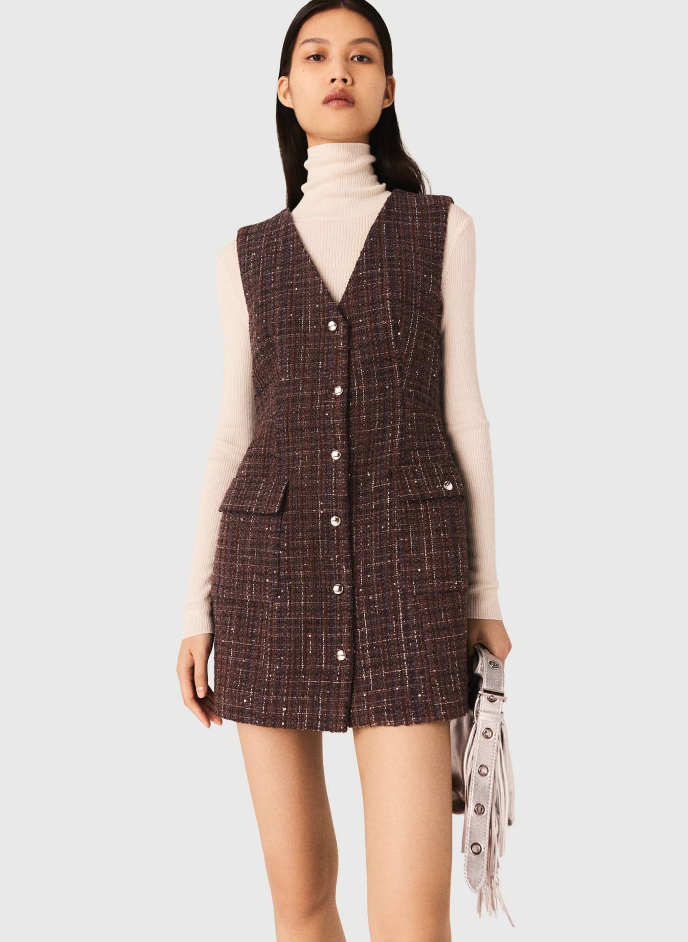 Robe courte en tweed col v MAJE Marron