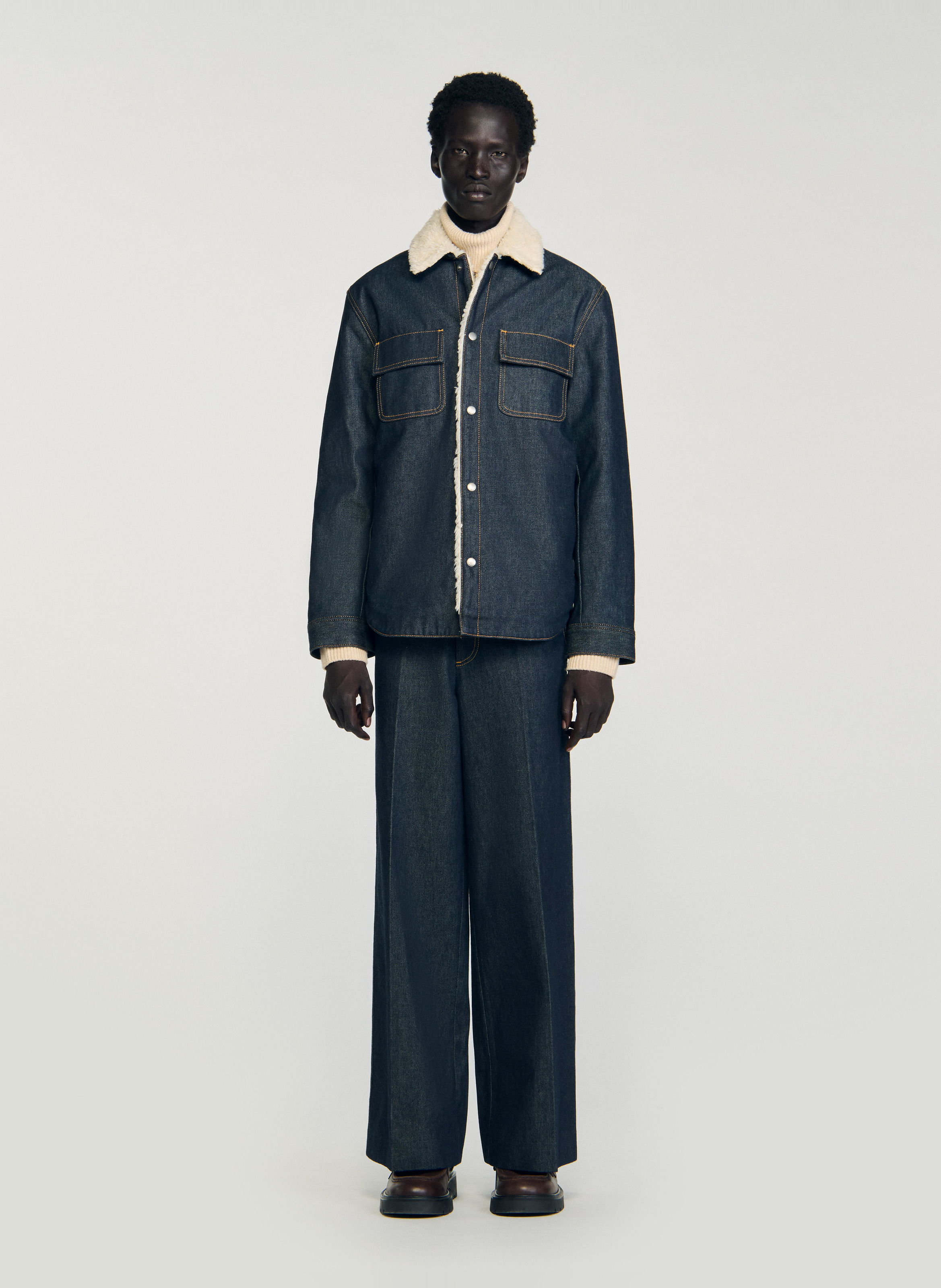 Blouson droit fourré en denim brut SANDRO Bleu