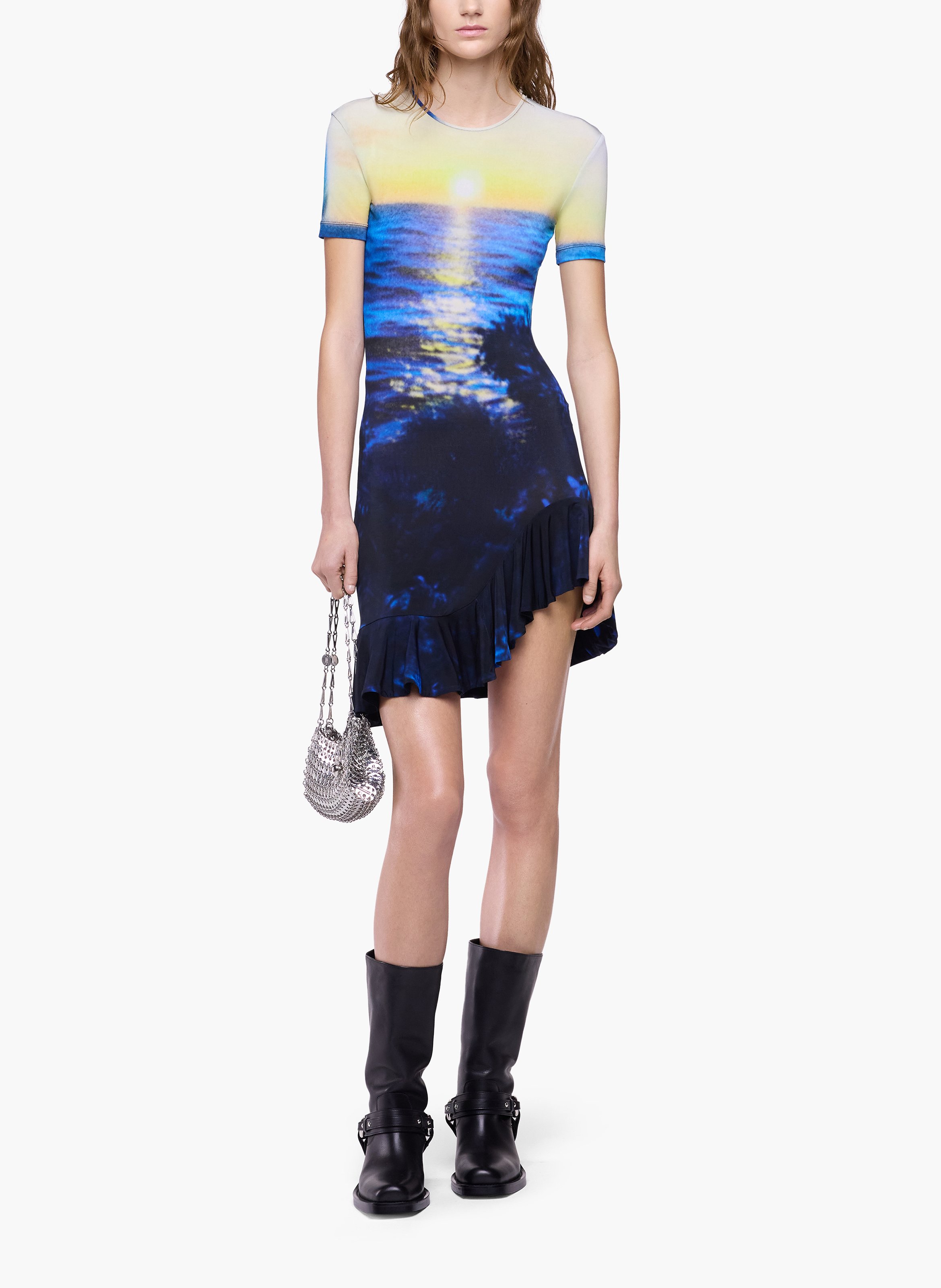 Mini-robe en jersey seconde peau imprimé coucher de soleil RABANNE Bleu