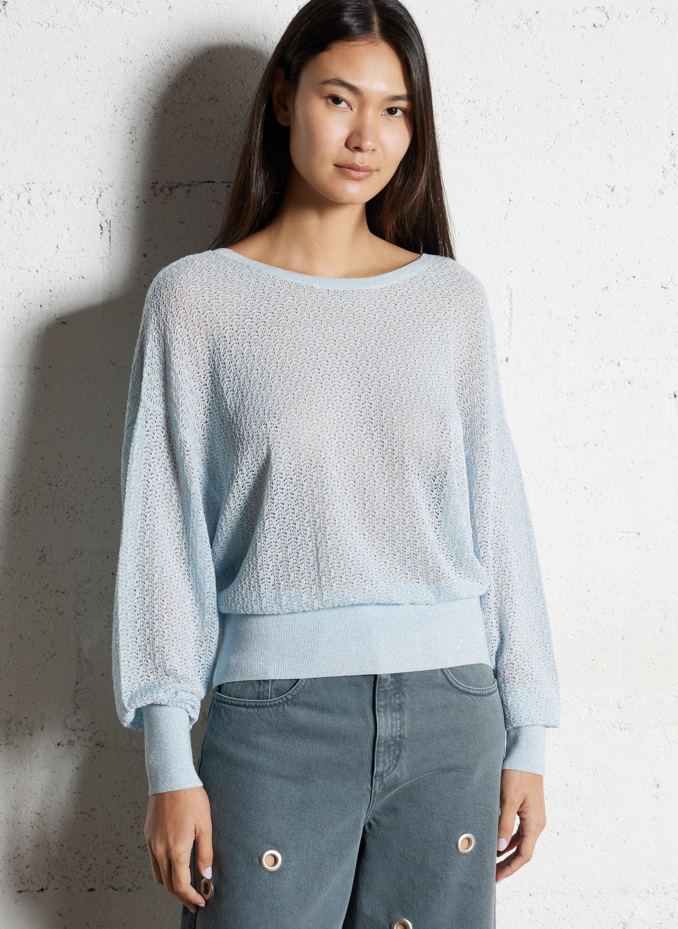 Pull oversize col rond en maille pailletée IKKS Bleu