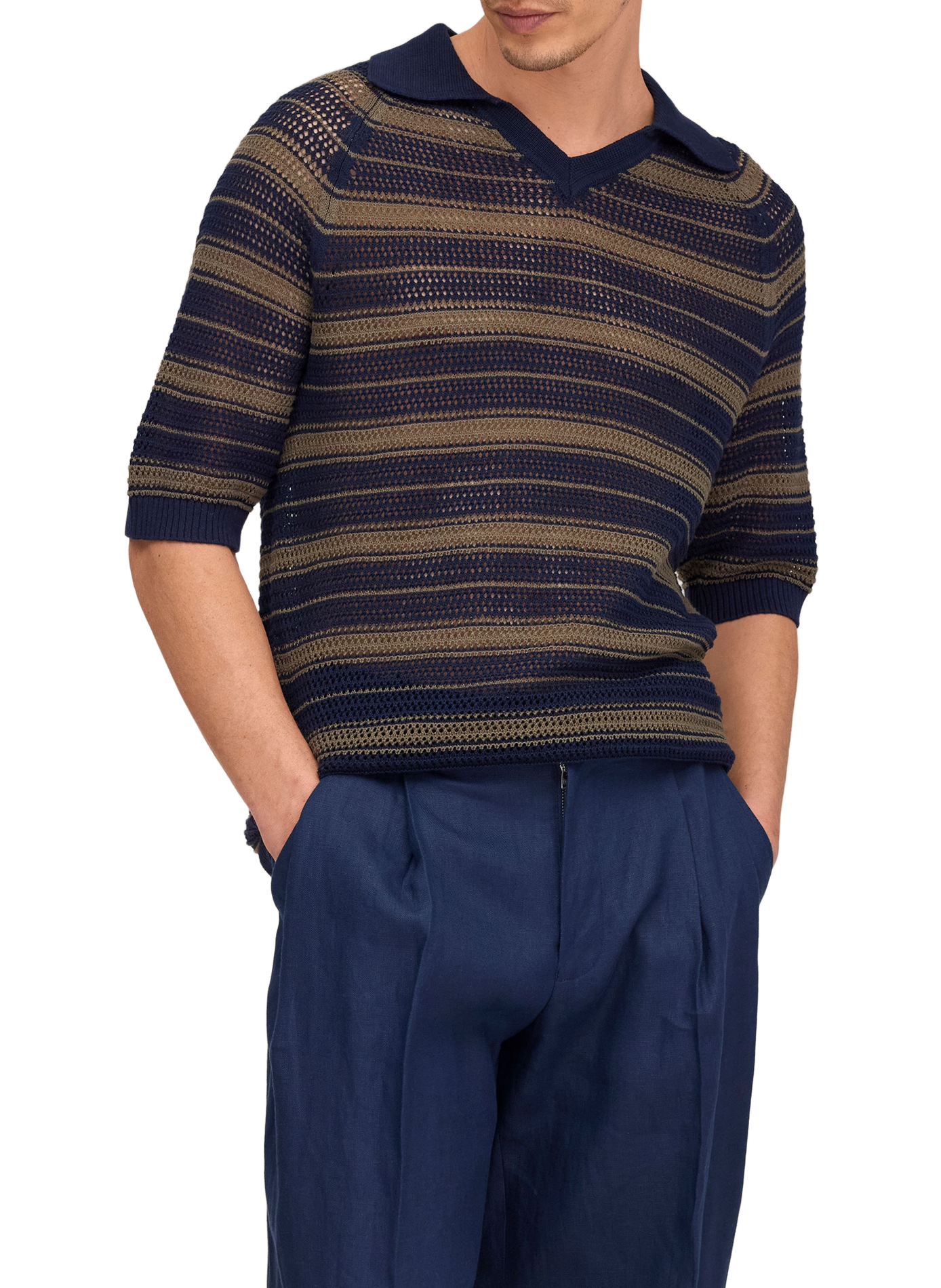 Striped polo in openwork knit of cotton and linen NN.07 Black