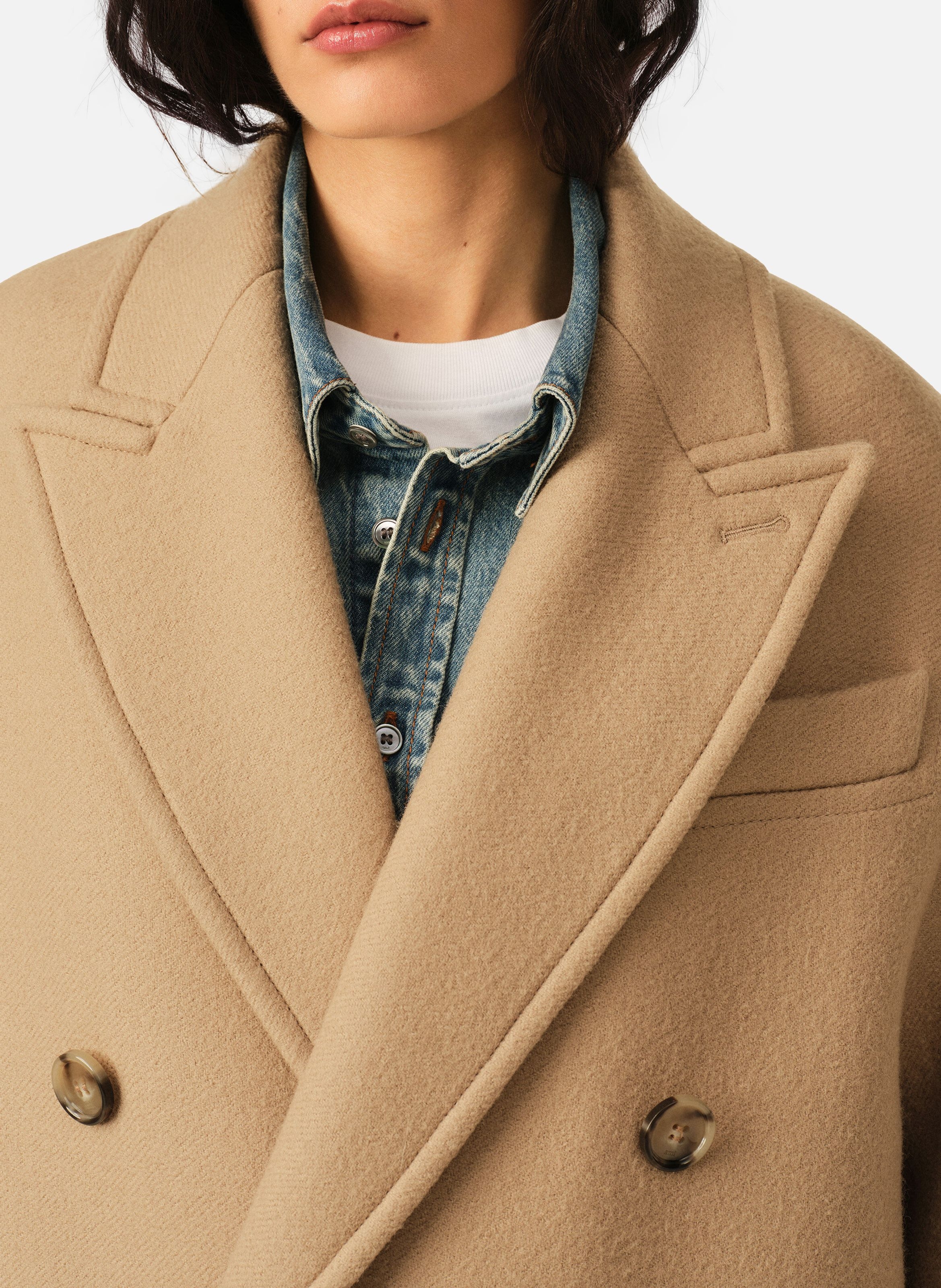 Manteau long double boutonnage en laine AMI PARIS Beige
