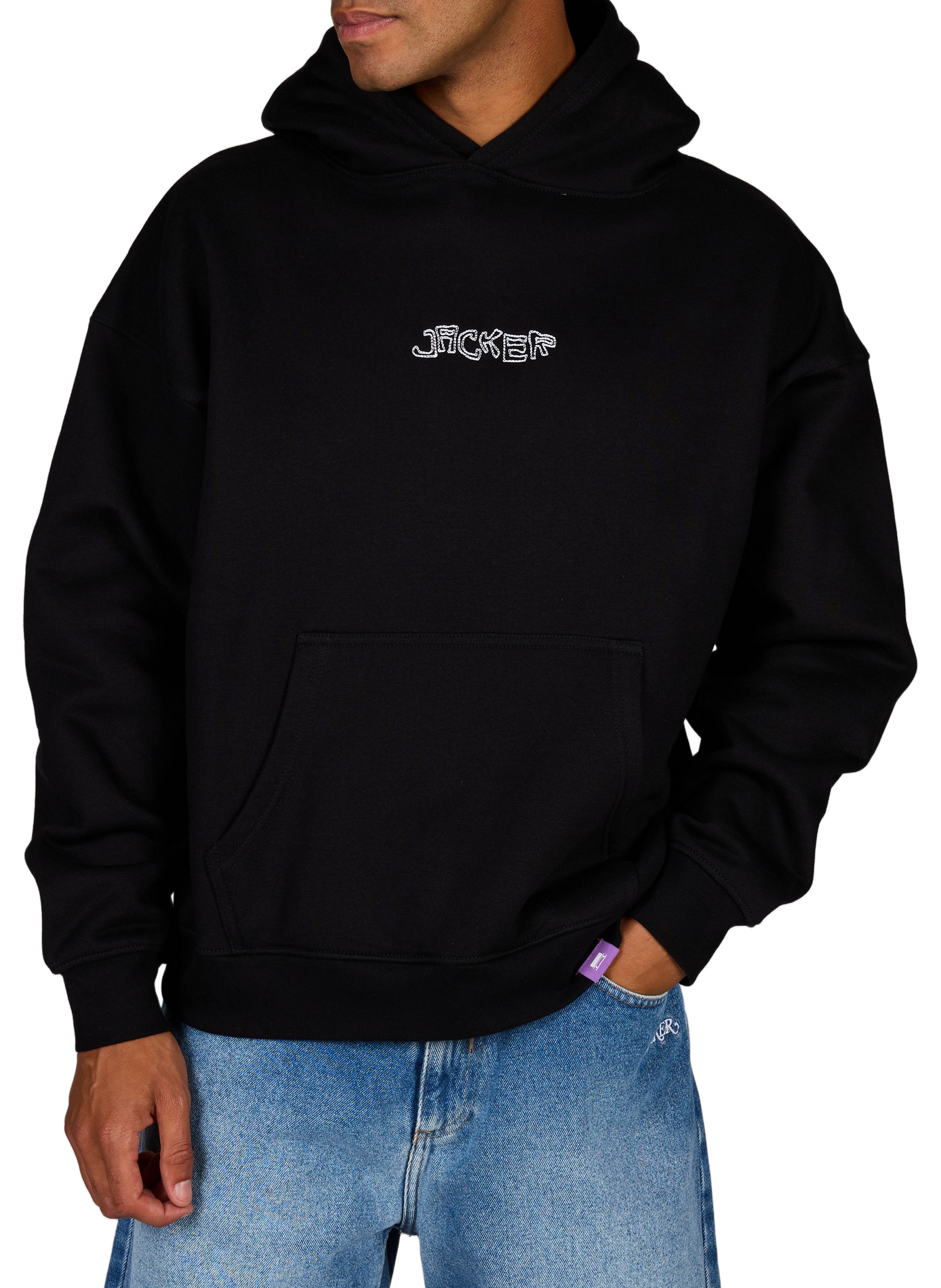 Weit geschnittener, bestickter Baumwoll-Kapuzenpullover JACKER. Schwarz