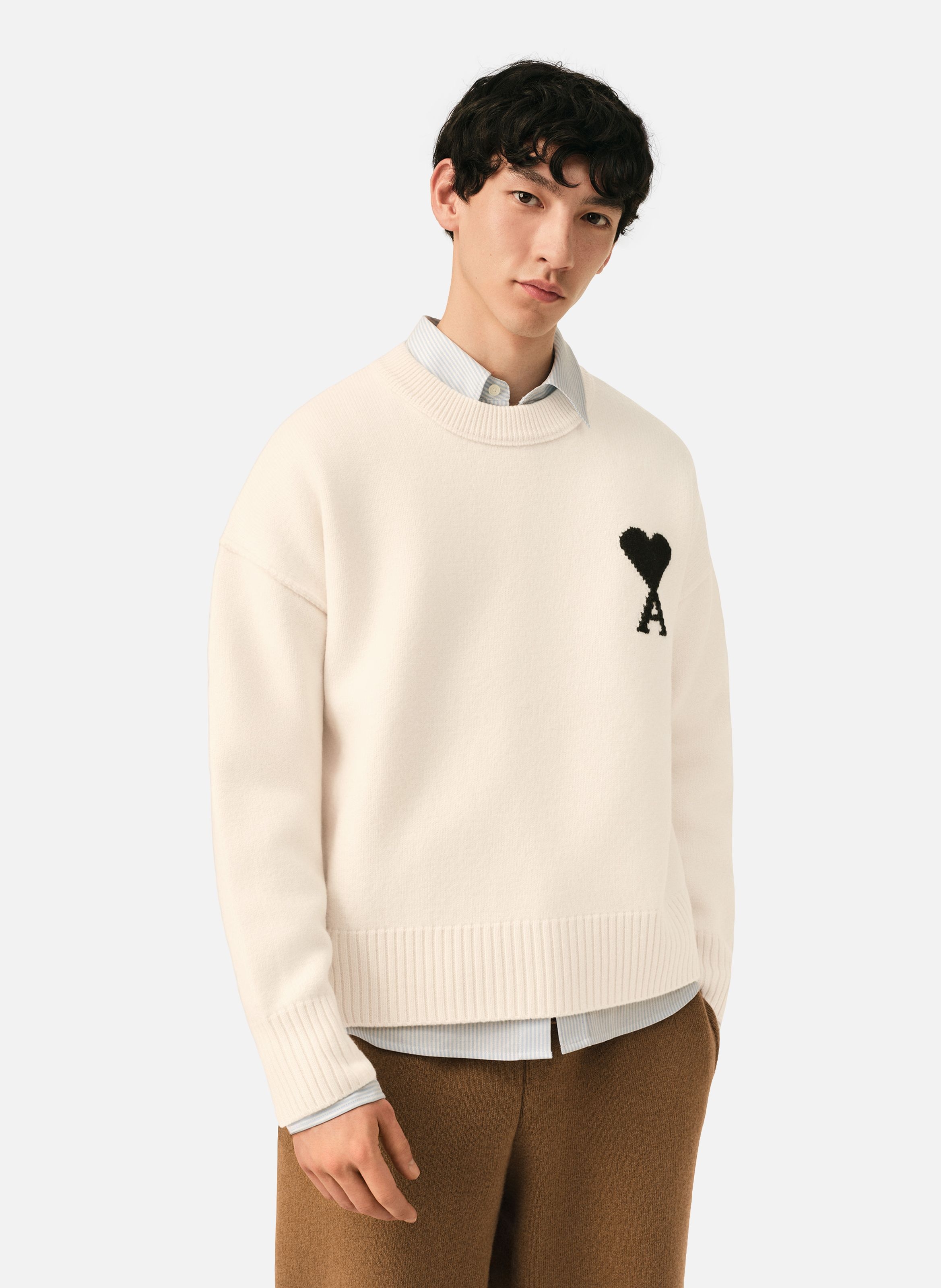 Pull col rond ami de coeur en laine unisexe AMI PARIS Blanc