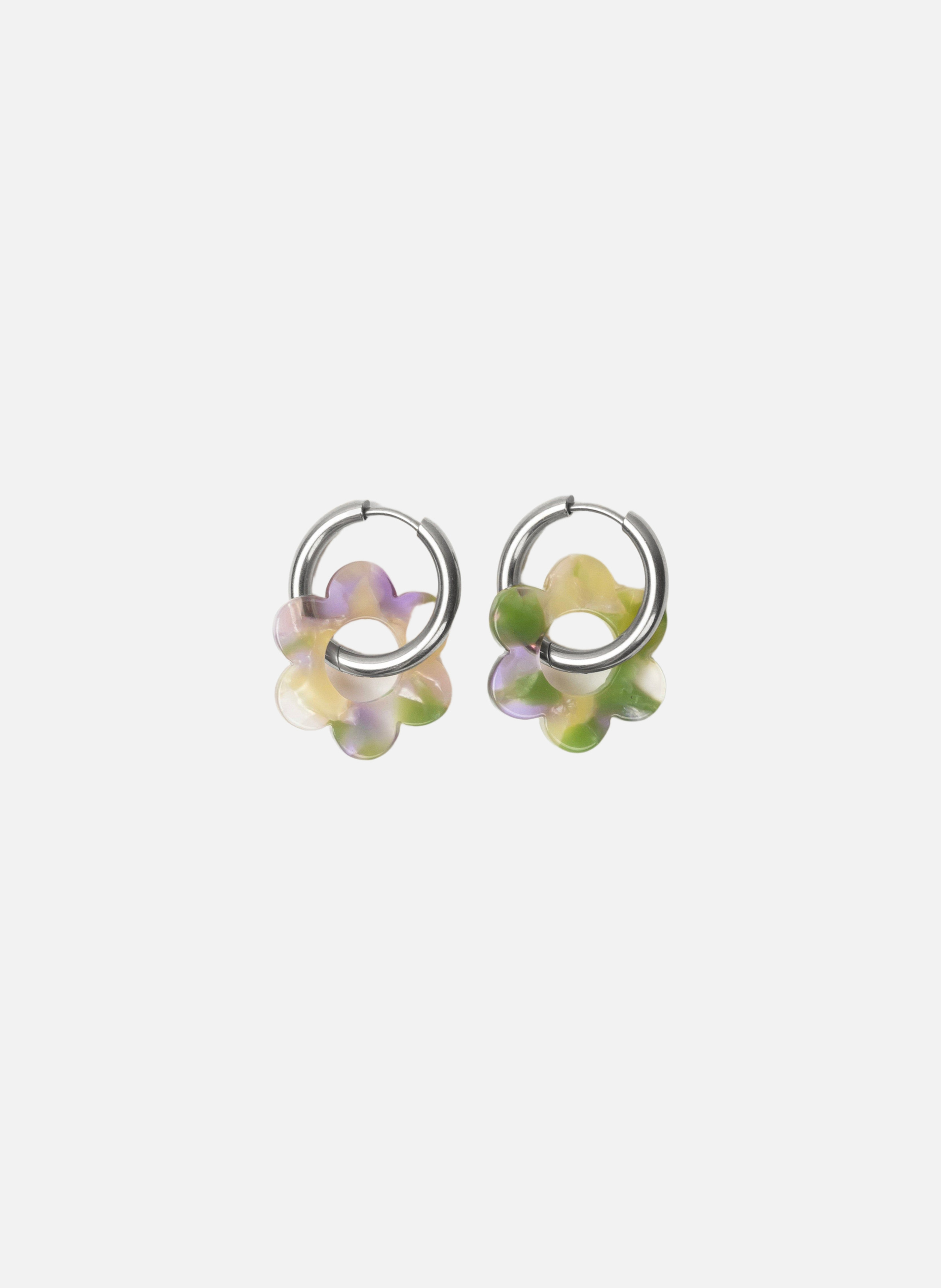 Boucles d'oreilles Baby Fleurette avec anneaux en acier inoxydable argenté  Vert et lavande