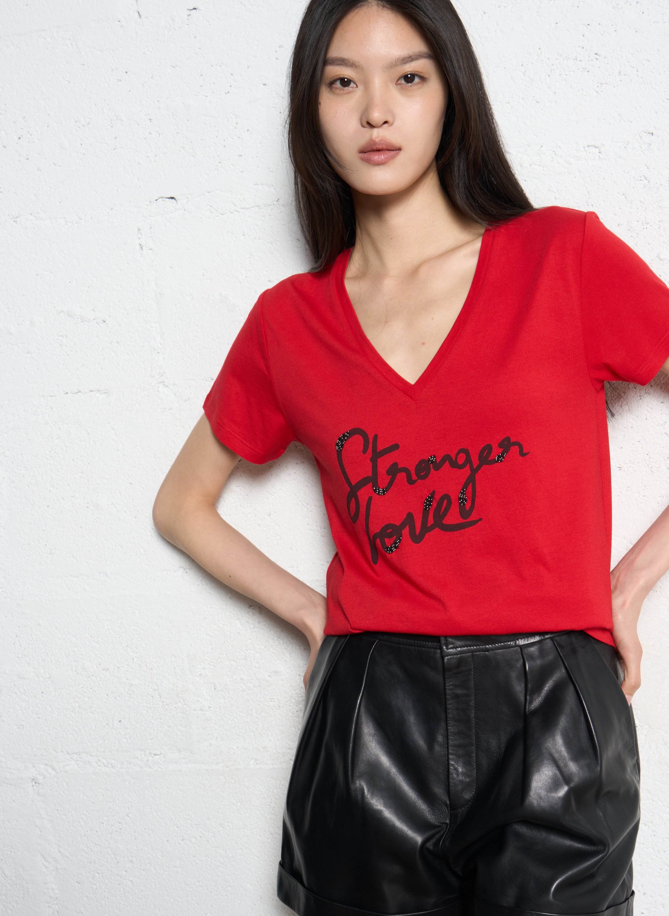 Tee-shirt col v en coton mélangé IKKS Rouge