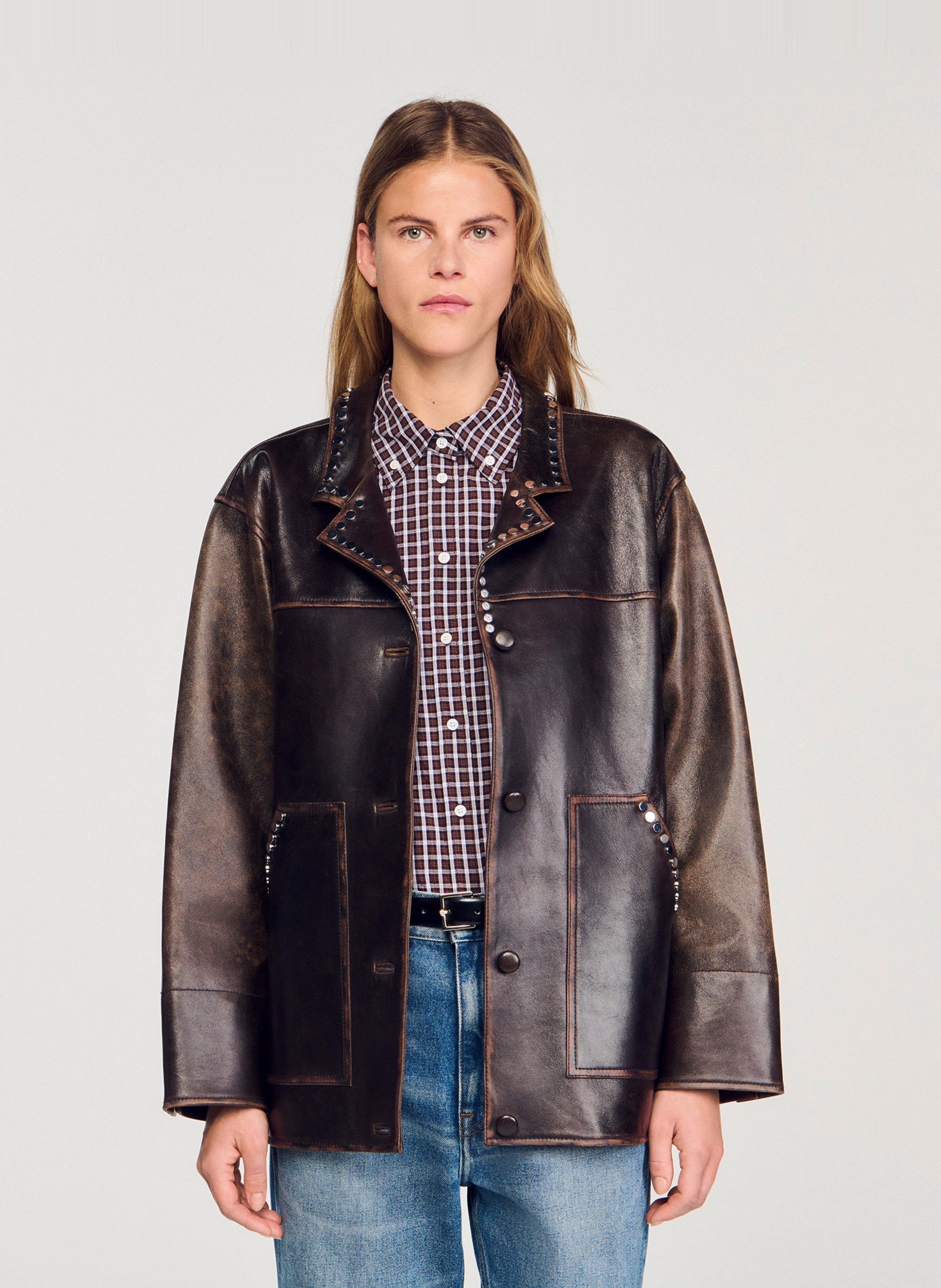 Blouson oversize col tailleur en cuir SANDRO Marron