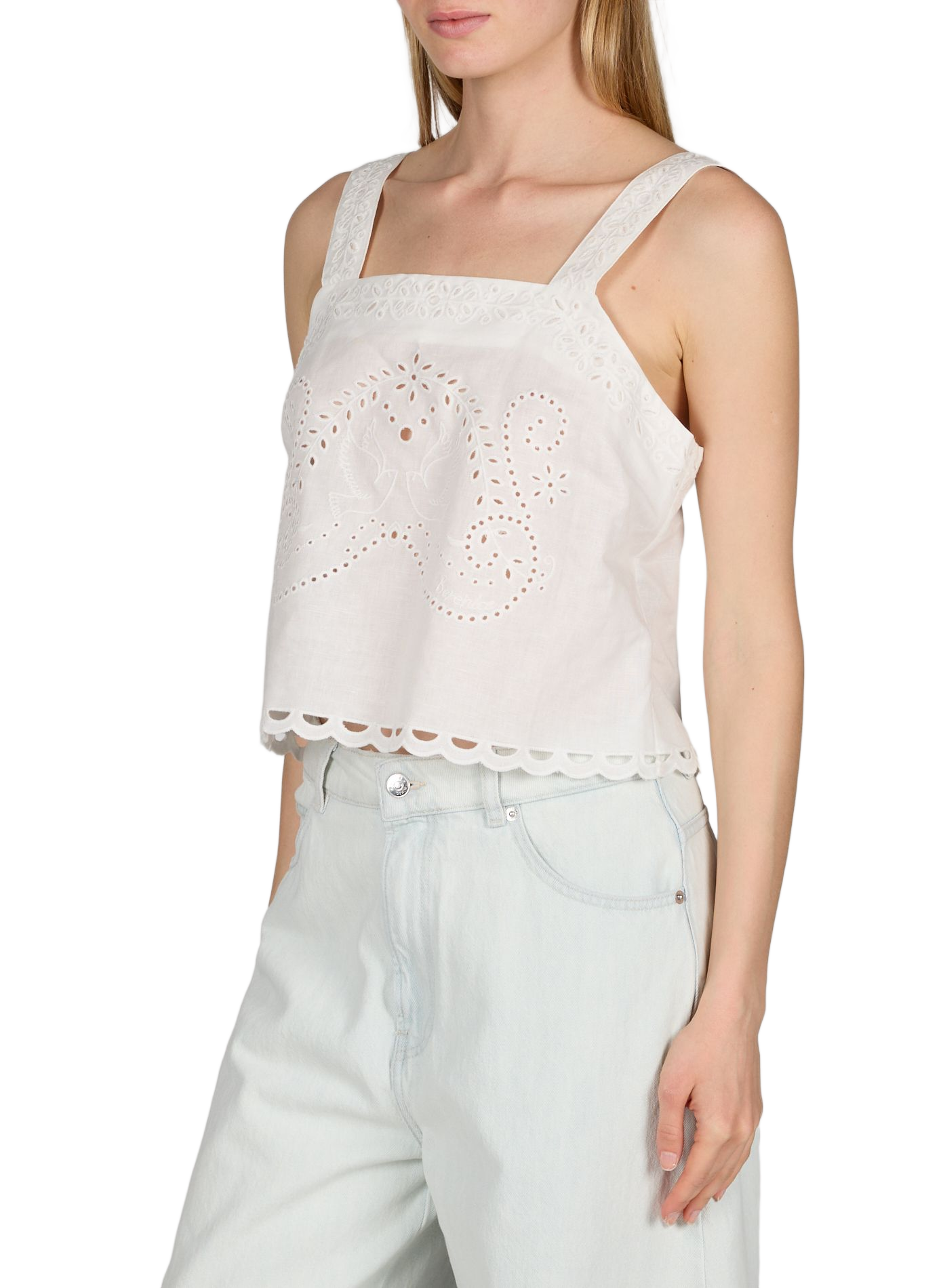 Top embroidered with wide linen and cotton straps White BERENICE