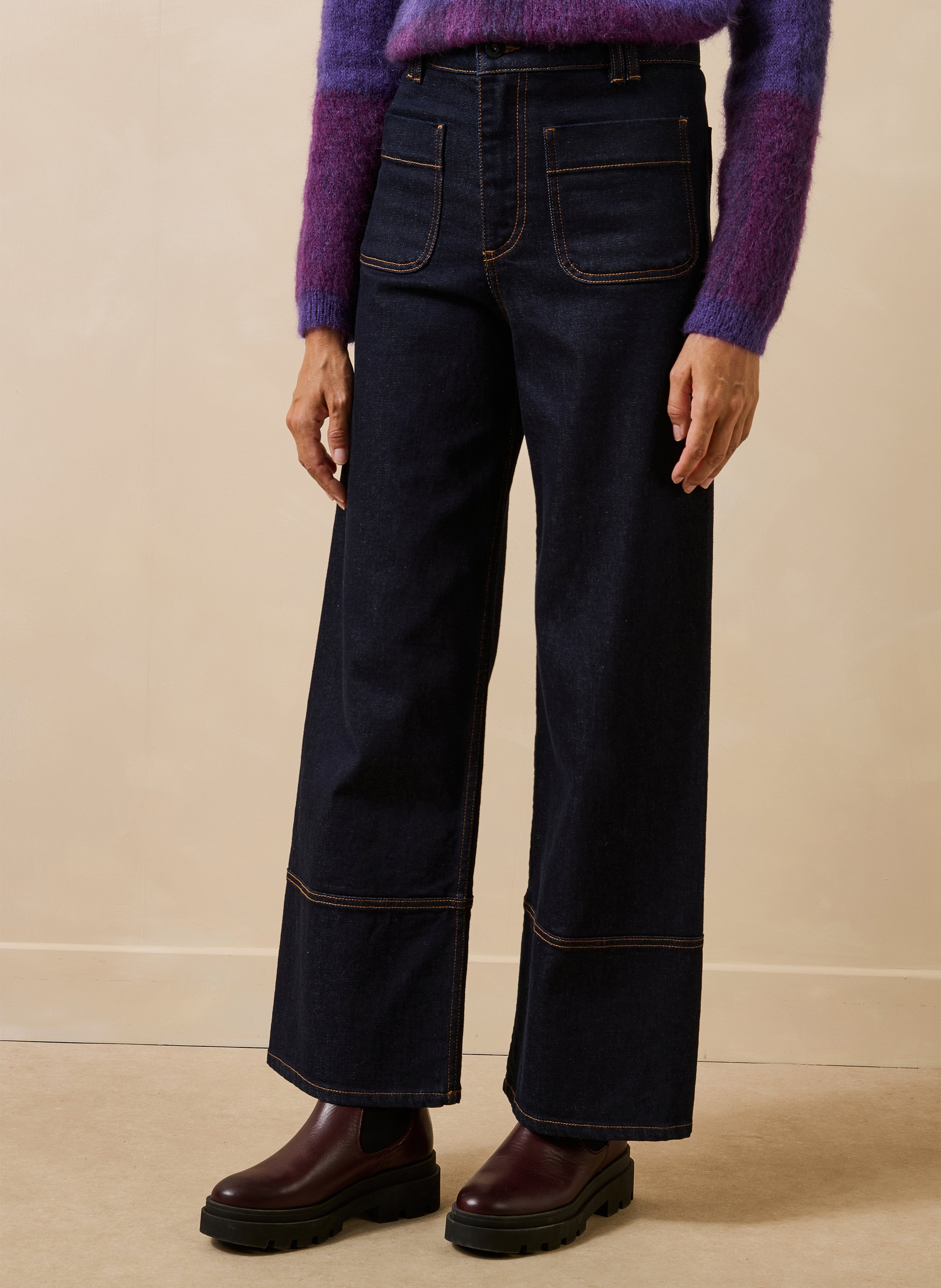 Wide-leg jeans van raw denim met omslagen LA FEE MARABOUTEE Blauw