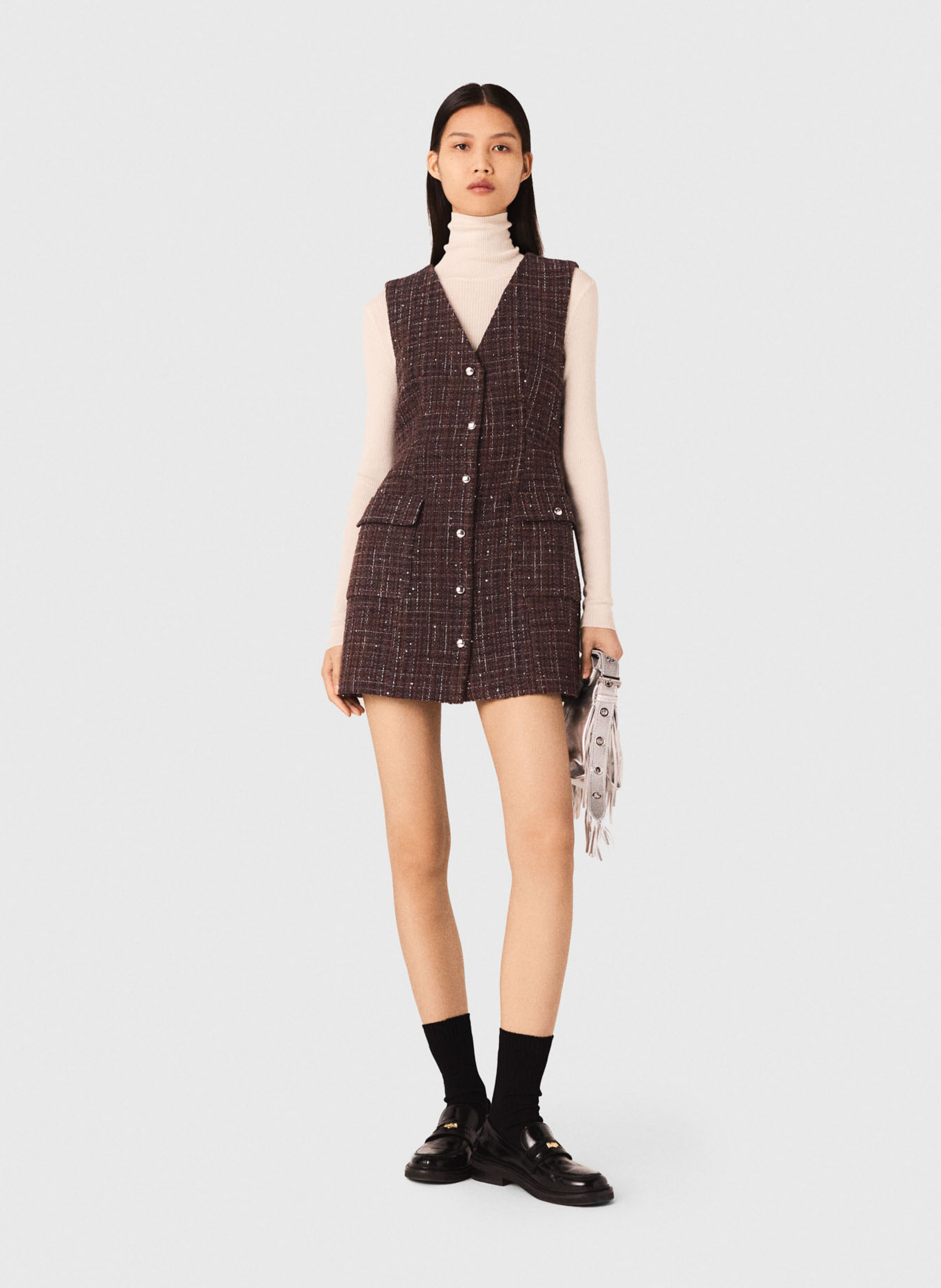 Robe courte en tweed col v MAJE Marron