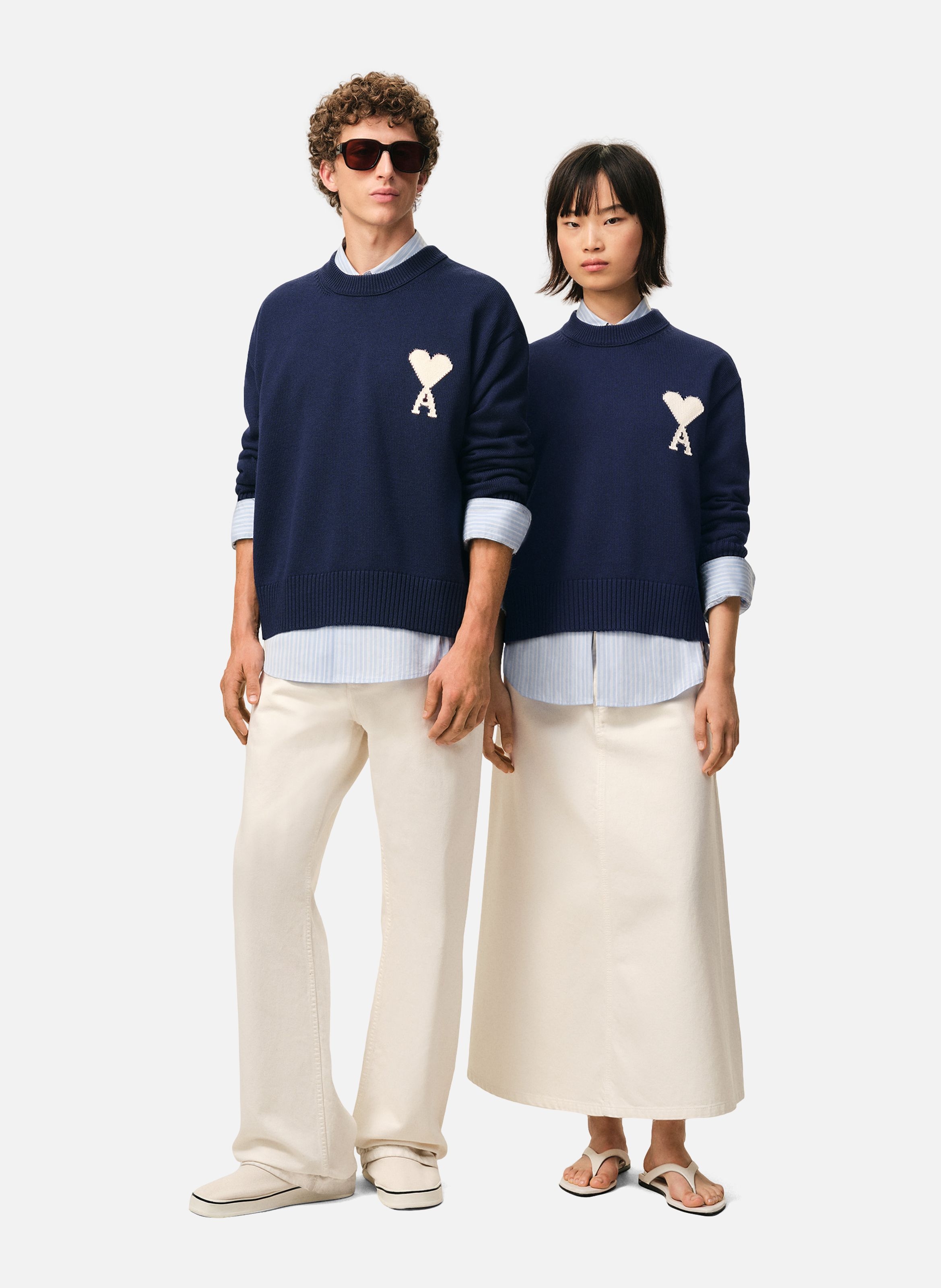 Pull col rond ami de coeur unisexe en laine et coton AMI PARIS Bleu