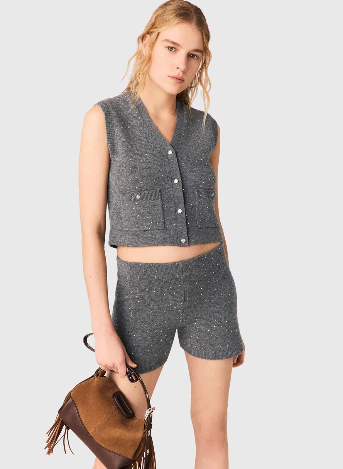 Gilet col v en laine mélangée MAJE Gris