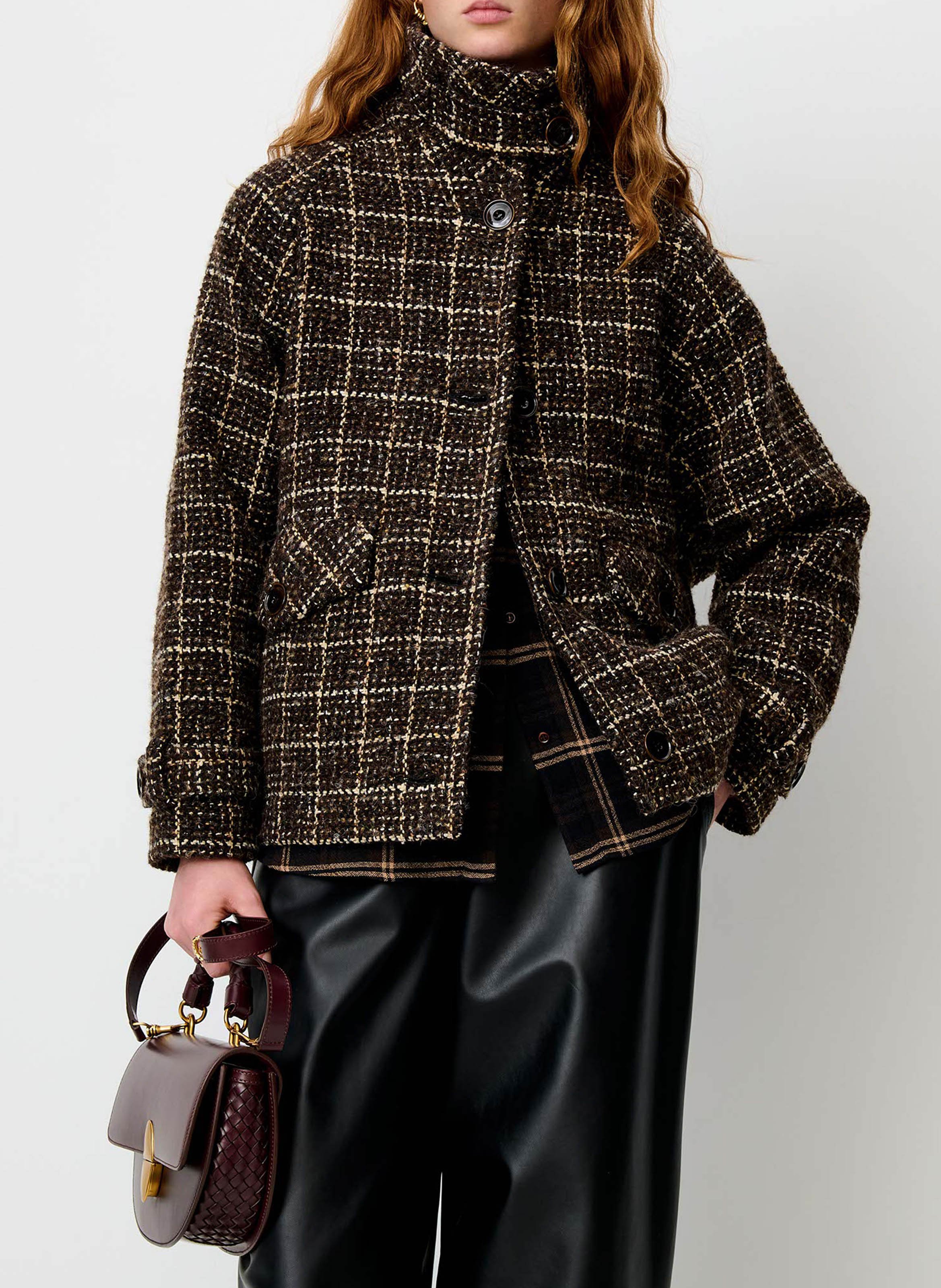 Manteau ample esprit blouson en tissage tartan lee valley SESSUN Marron