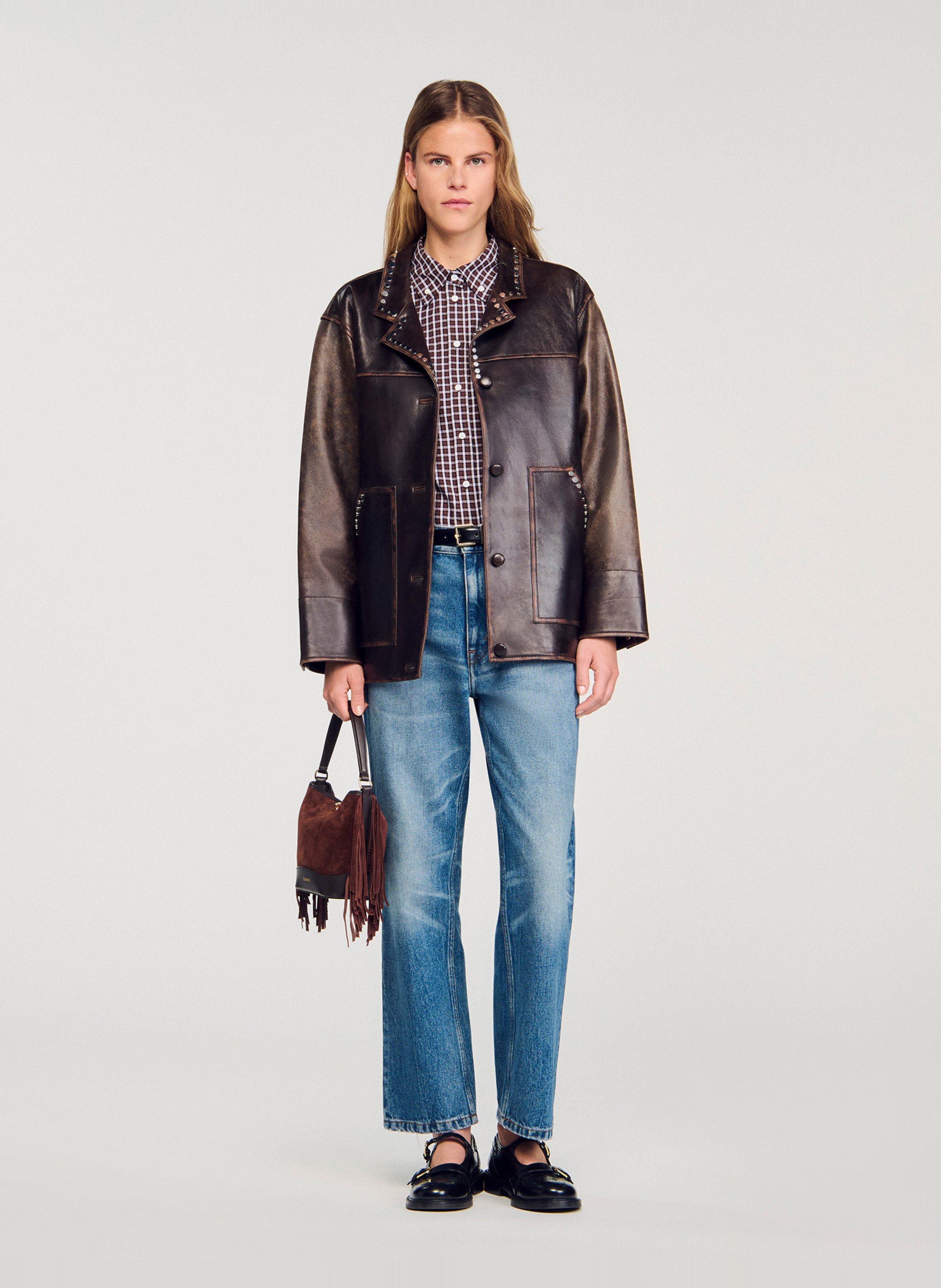 Blouson oversize col tailleur en cuir SANDRO Marron