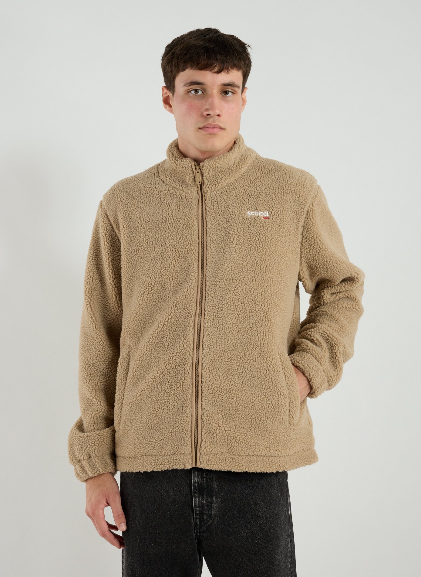 SCHOTT Straight fleece jacket with high collar Beige