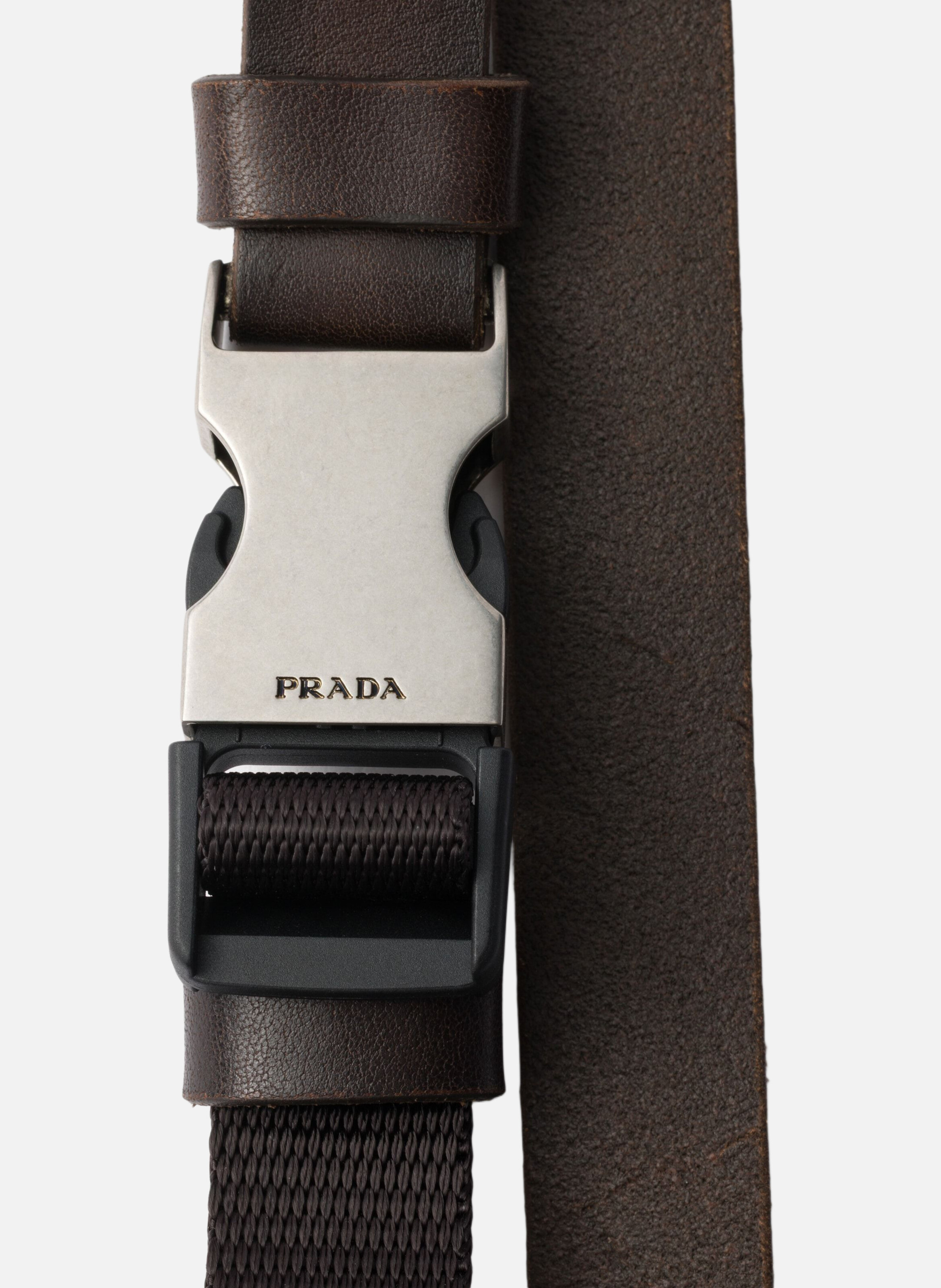 Ceinture en cuir et toile en nylon tressé PRADA Marron