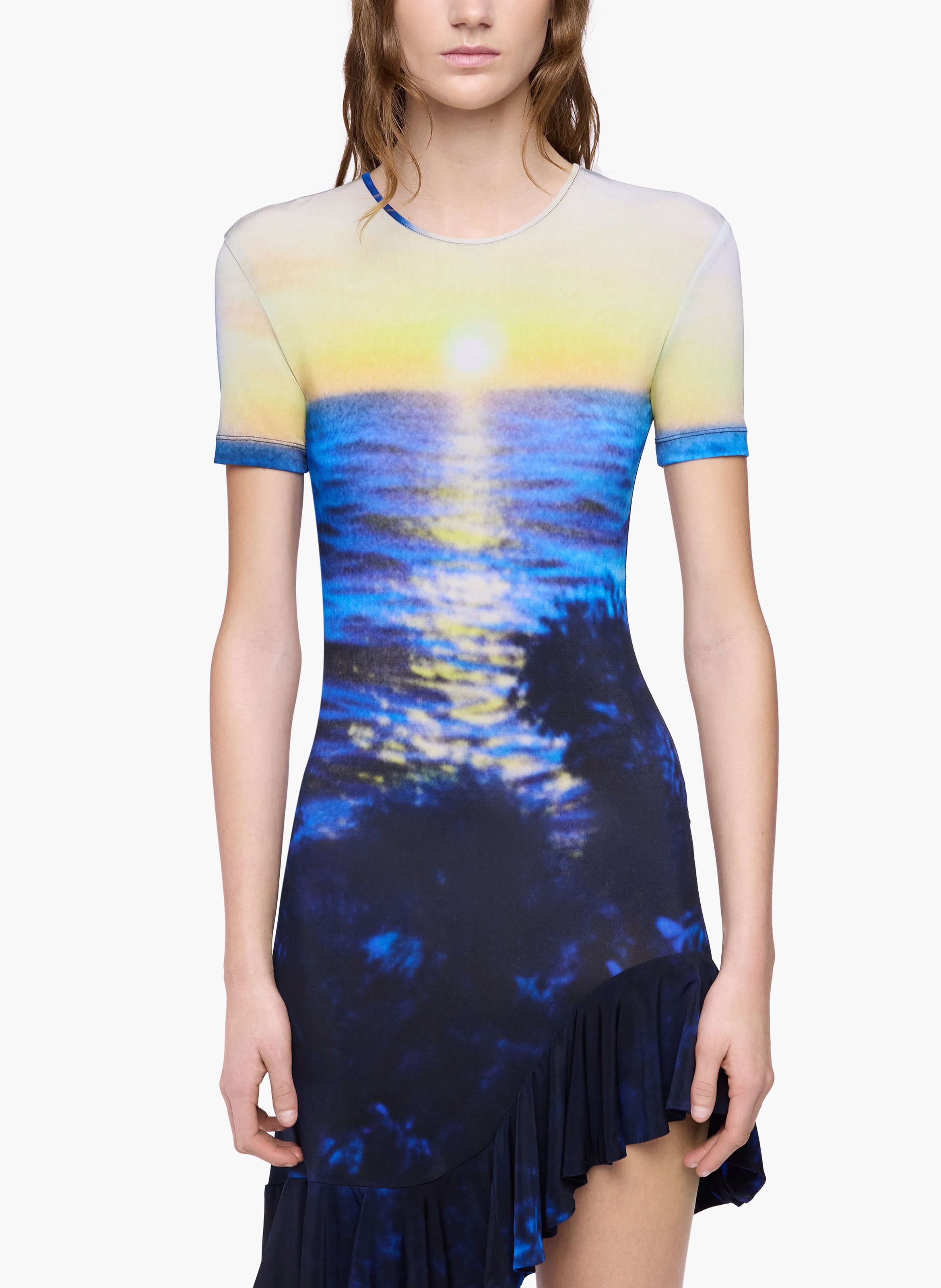 Mini-robe en jersey seconde peau imprimé coucher de soleil RABANNE Bleu