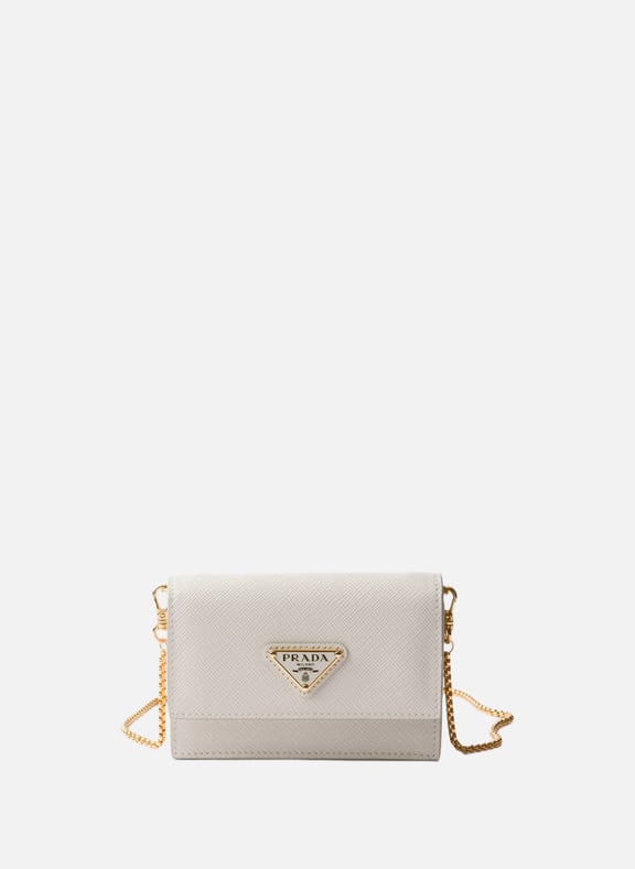 Porte-cartes à bandoulière en cuir saffiano Beige by PRADA PRADA Porte-cartes à bandoulière en cuir saffiano Beige