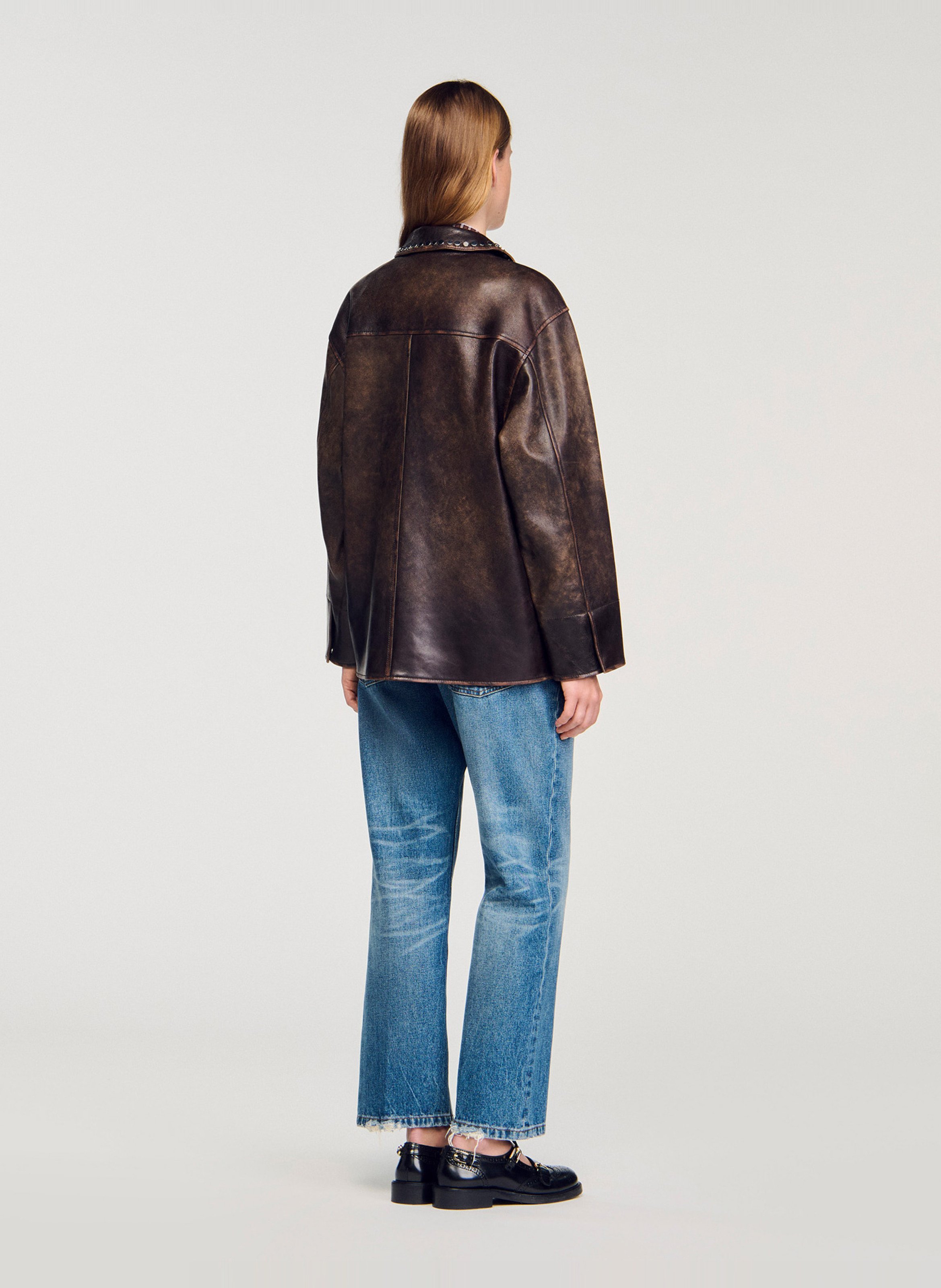 Blouson oversize col tailleur en cuir SANDRO Marron
