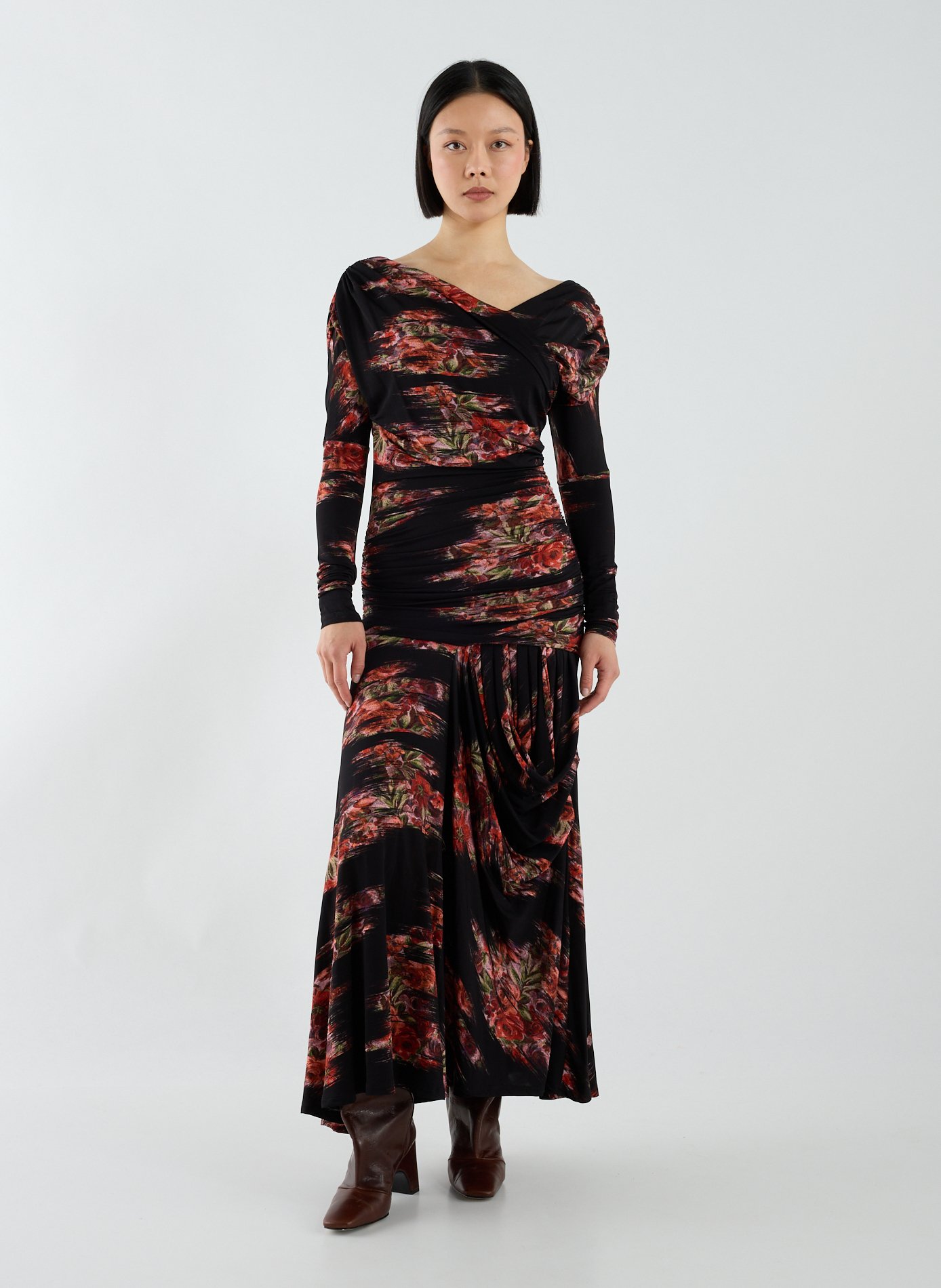 GANNI Robe longue froncée à fleurs Multicolore