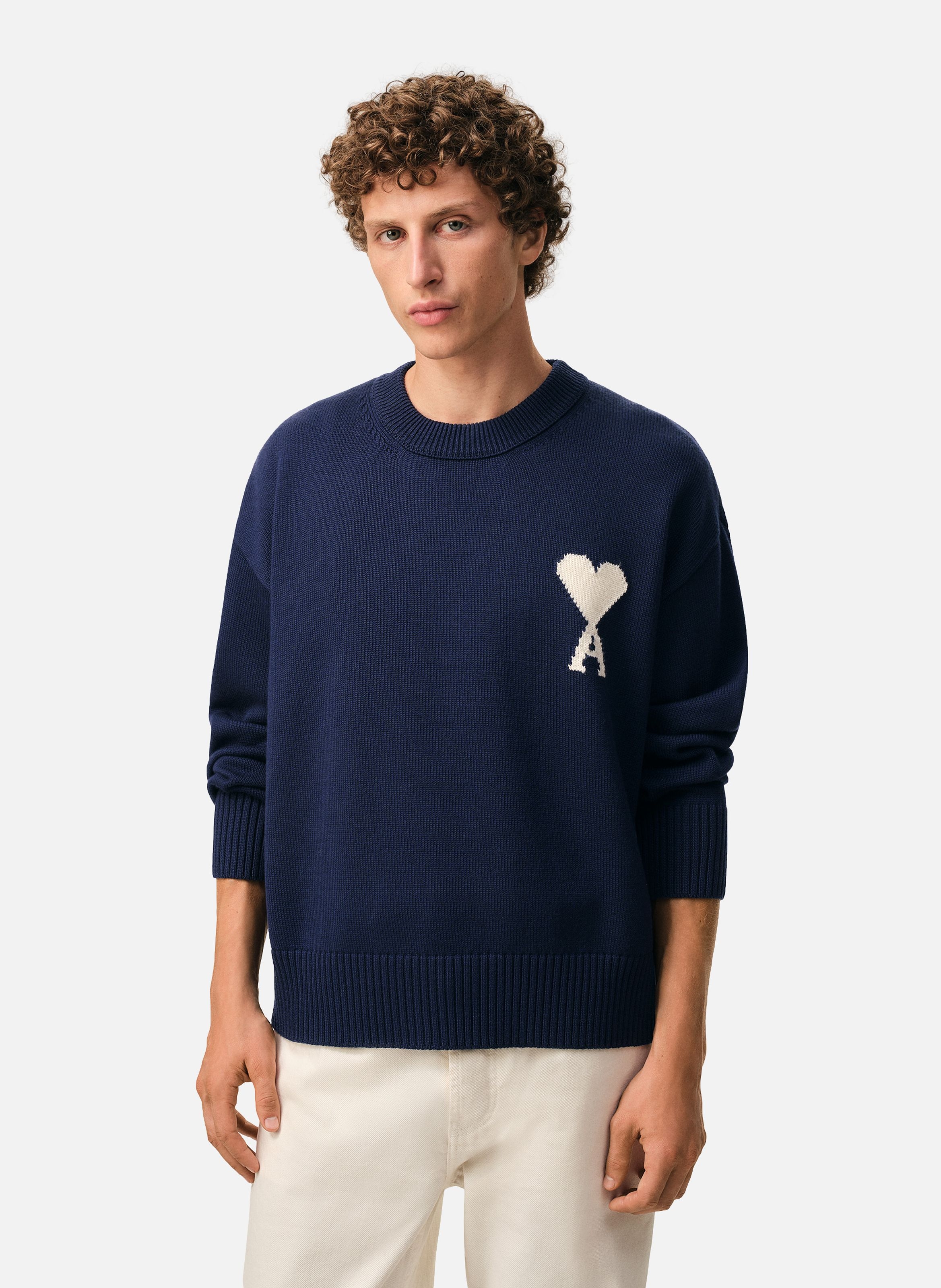 Pull col rond ami de coeur unisexe en laine et coton AMI PARIS Bleu